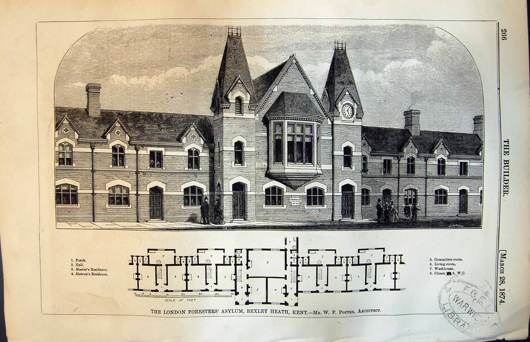Old Print London Foresters Asylum Bexley Heath Kent W F Potter Arch 1874 19th