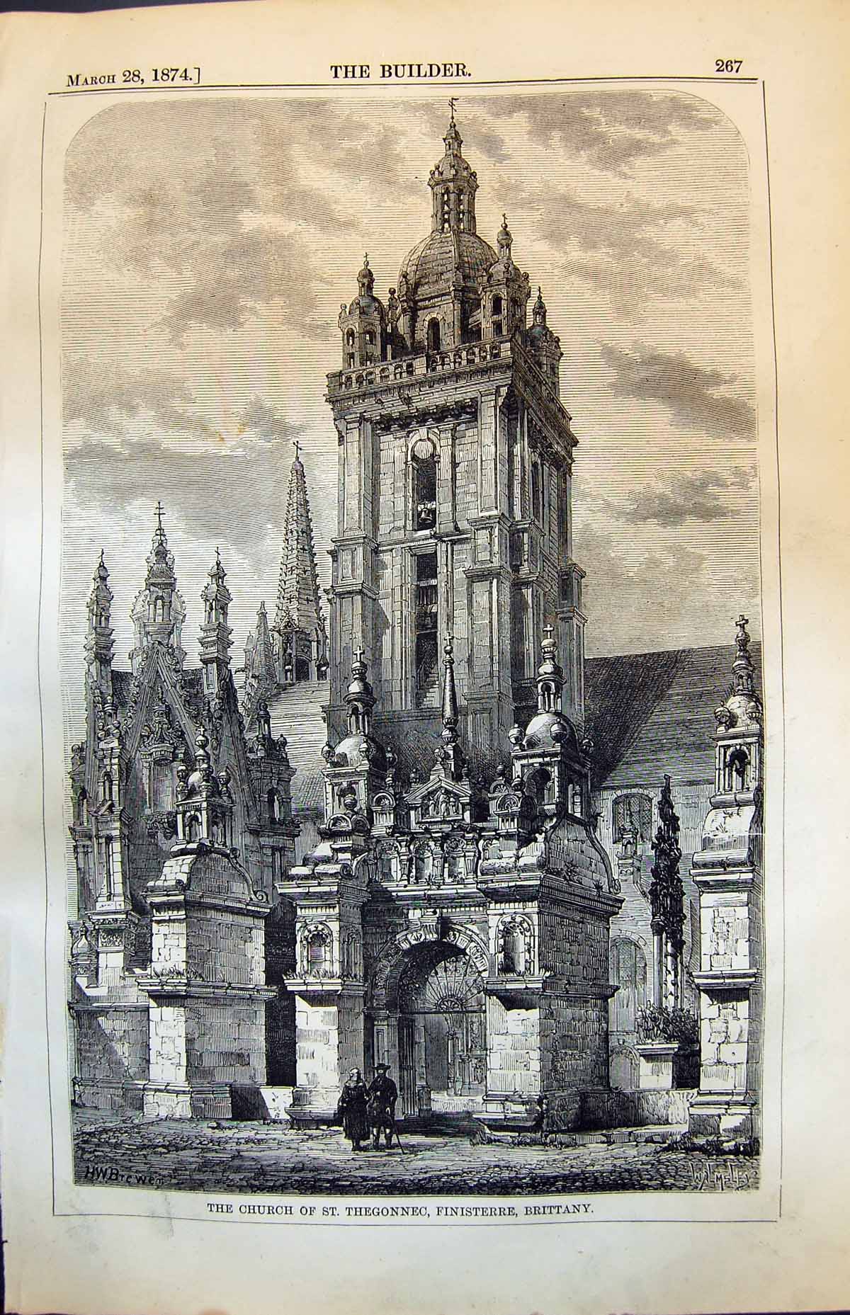 Original Old Antique Print Church St Thegonnec Finisterre Brittany 1874 19th