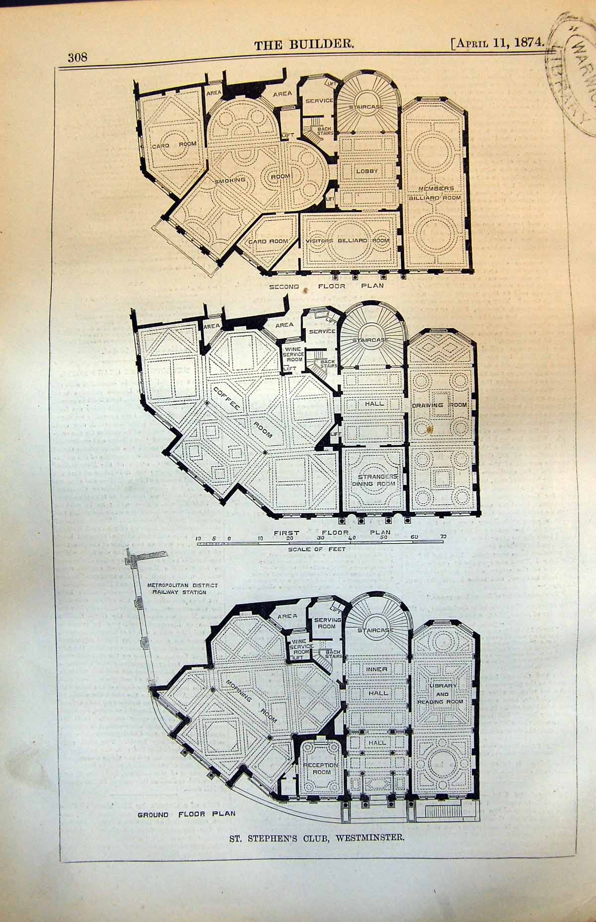 Old St Stephens Club Westminster Plan Ground First Second Floors 1874 Victorian