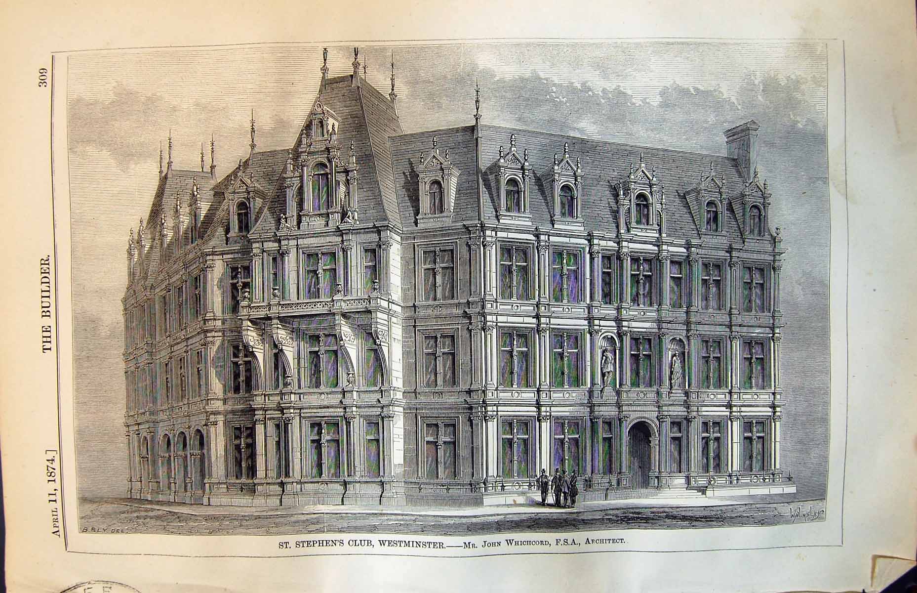 Old Print Exterior St Stephens Club Westminster John Whichcord Arch 1874 19th