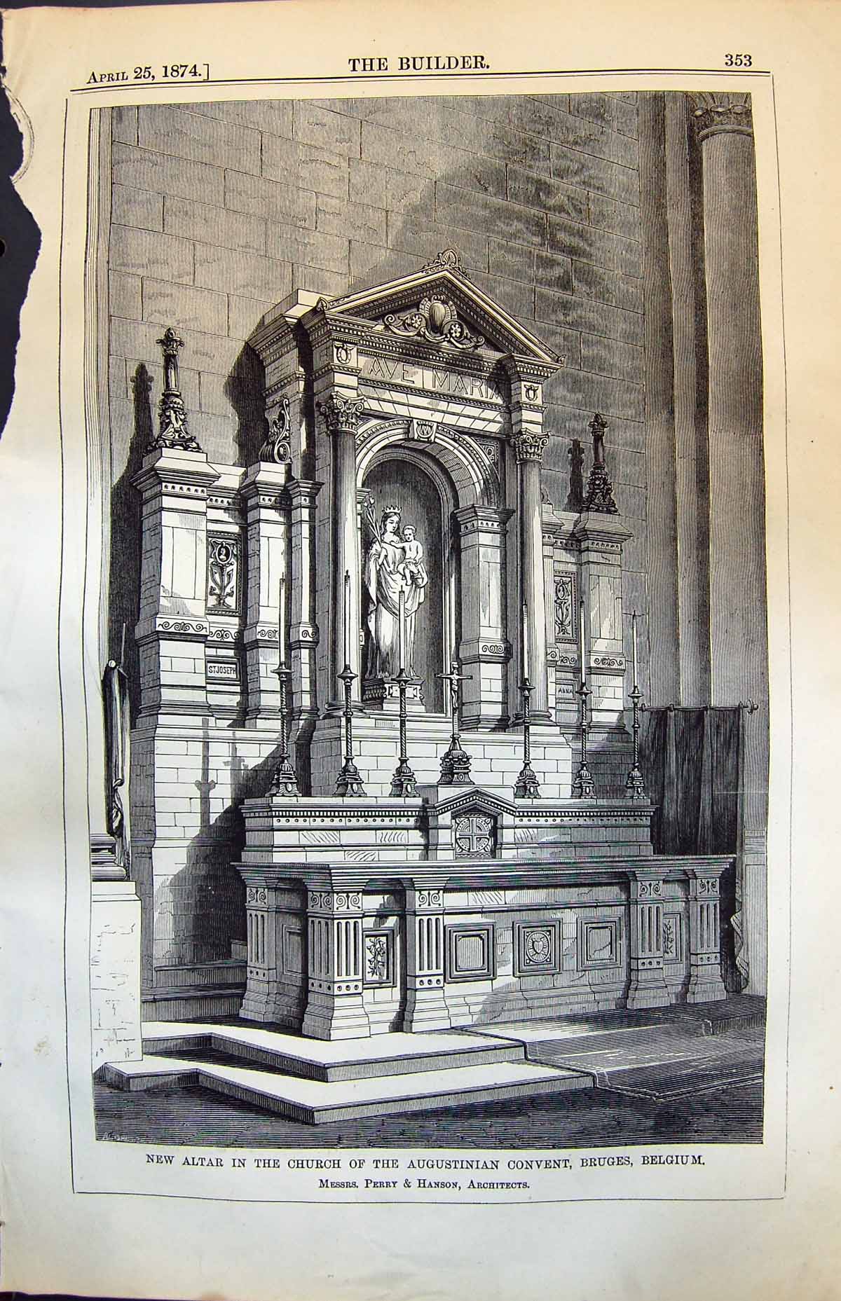 Antique Old Print New Altar Church Augustinian Convent Bruges Belgium 1874 19th