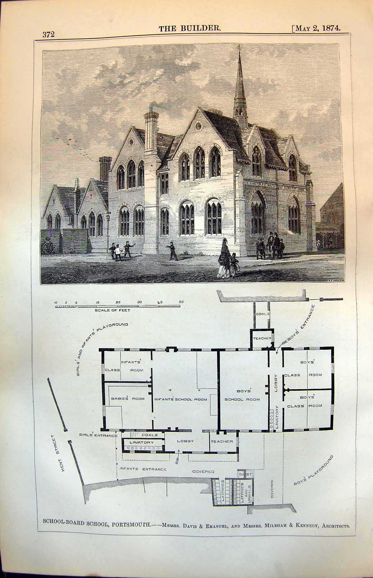 Original Old Antique Print School Board School Portsmouth Plan Exterior 1874