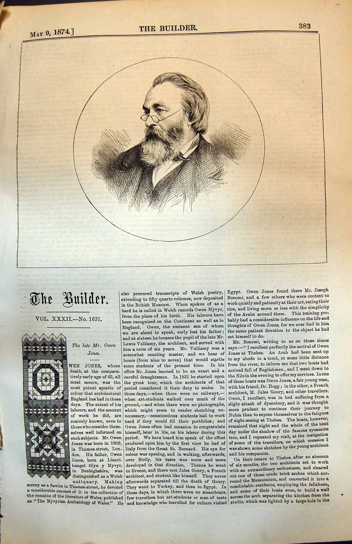 Antique Print Late Owen Jones Died Aged 65 Apostle Colour Architecture 1874