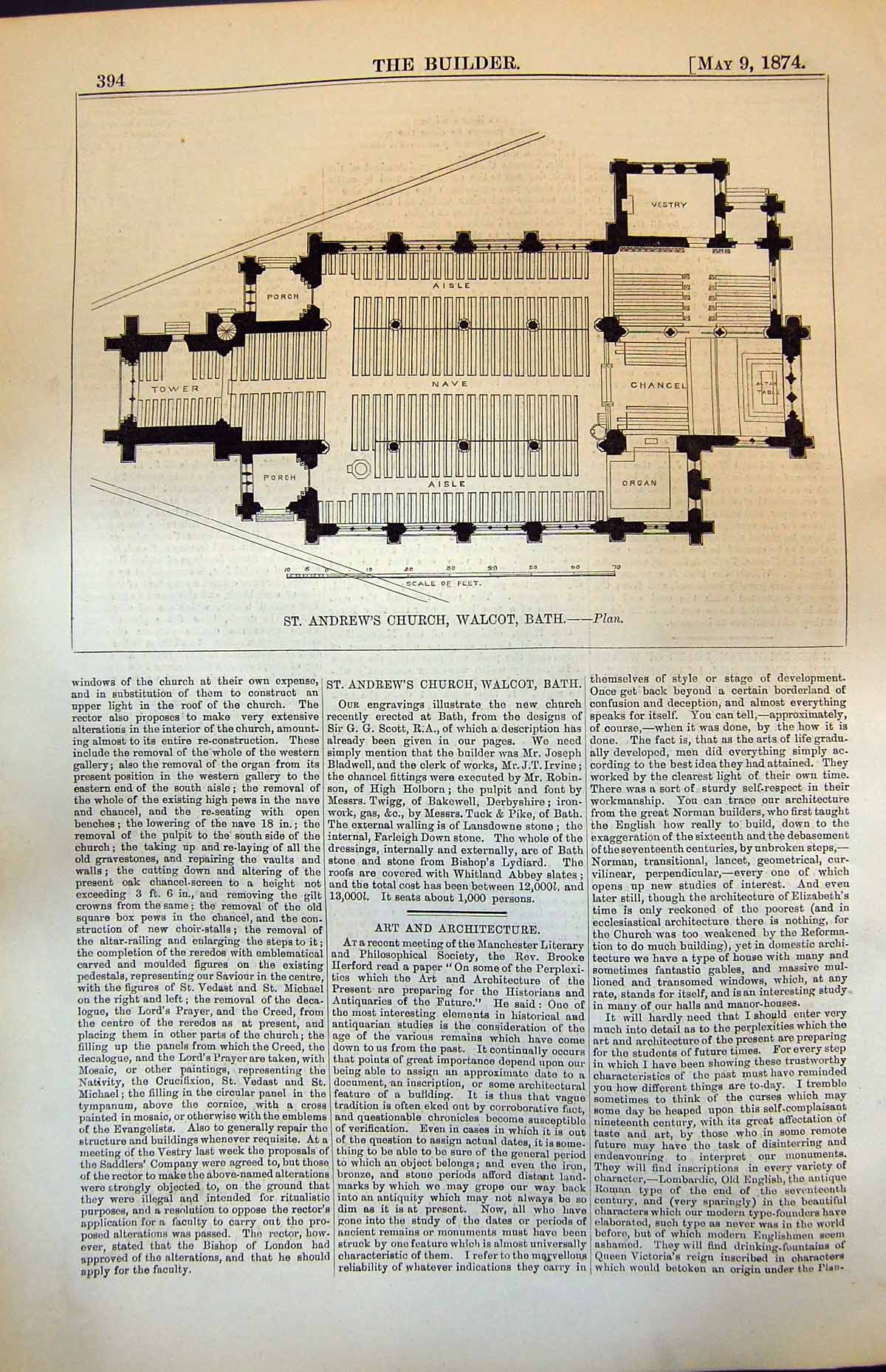 Original Old Antique Print Plan St Andrews Church Walcot Bath 1874 Victorian