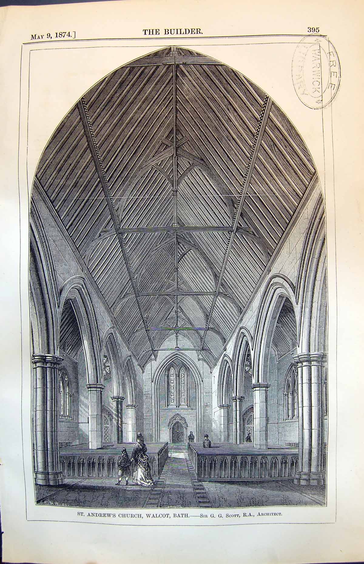 Antique Print Interior St Andrews Church Walcot Bath Sir Gg Scott Arch 1874