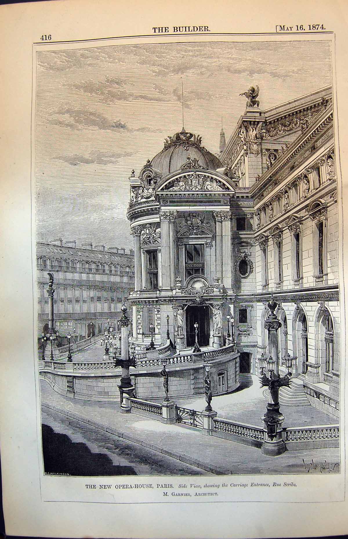 Old New Opera House Paris Side View Carriage Entrance Rue Scribe 1874 Victorian