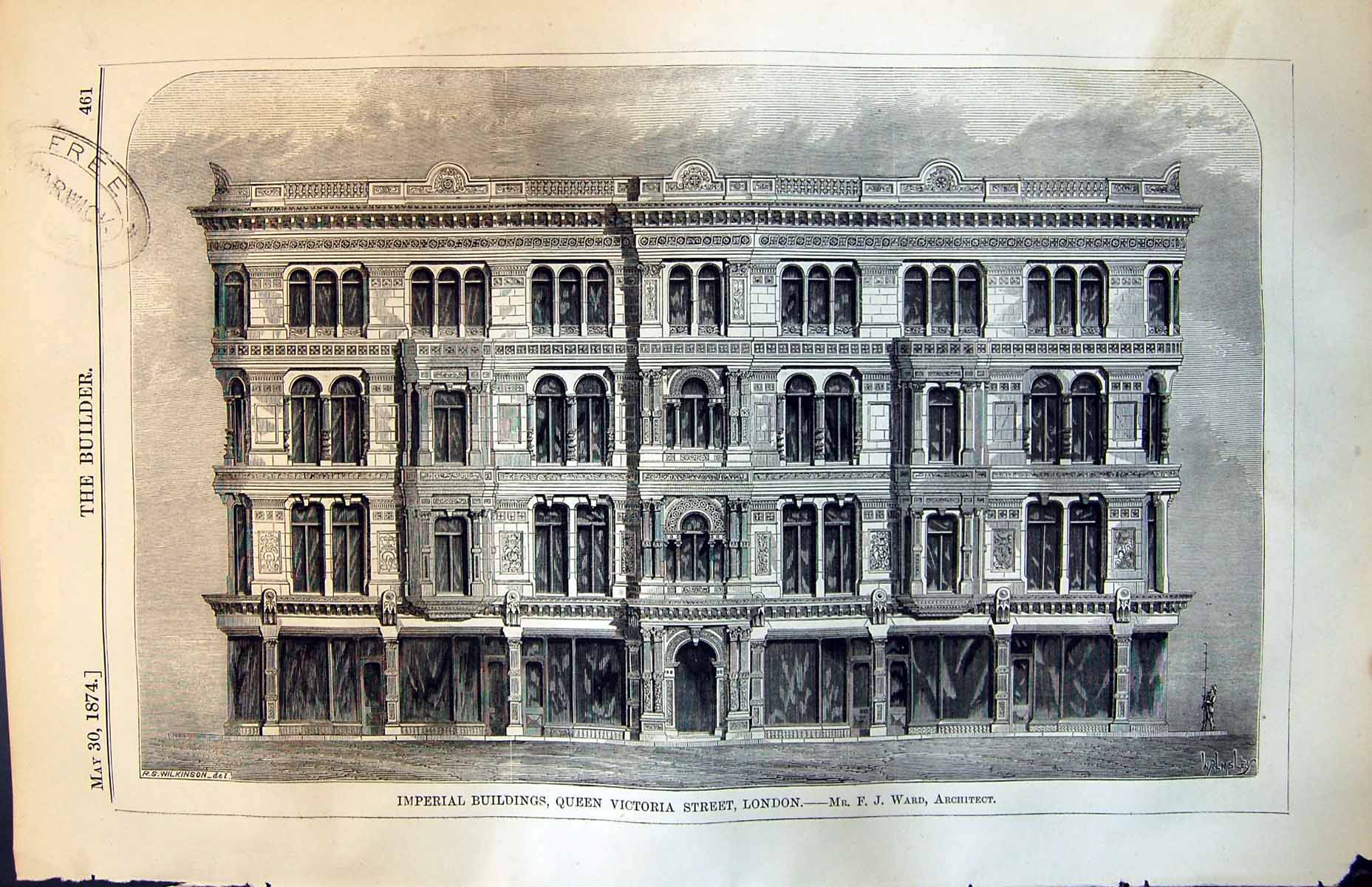 Old Print Imperial Buildings Queen Victoria St London F J Ward Arch 1874 19th