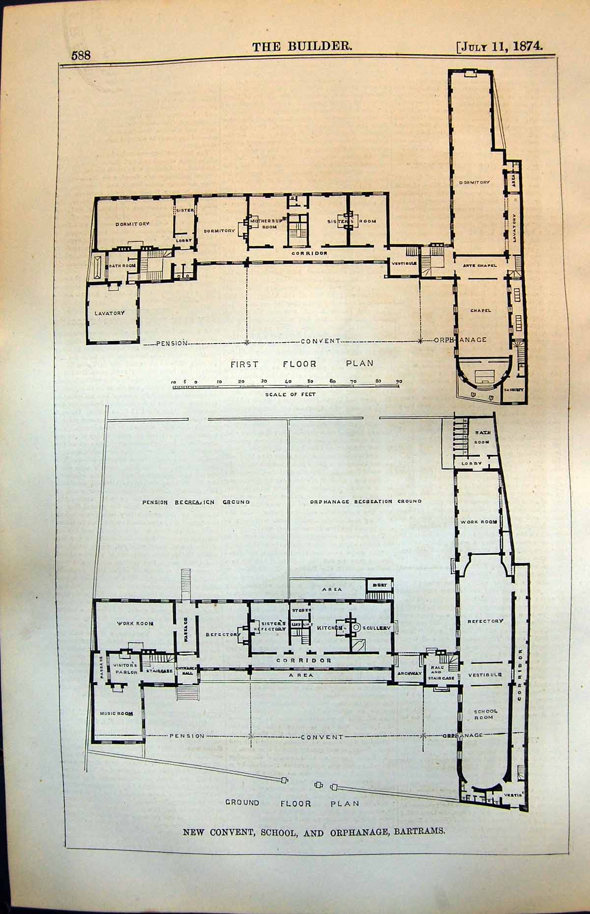 Antique Print New Convent School Orphanage Bartrams Ground Floor Plan 1874 19th