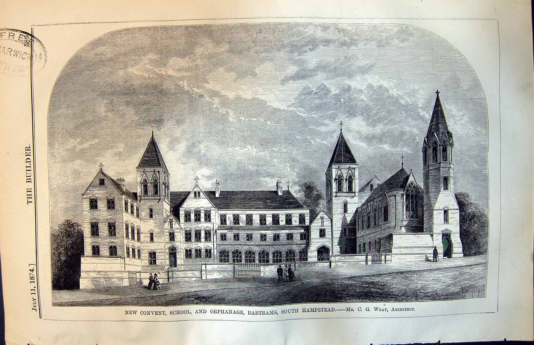 Antique Old Print New Convent School Orphanage Bartrams South Hampstead 1874