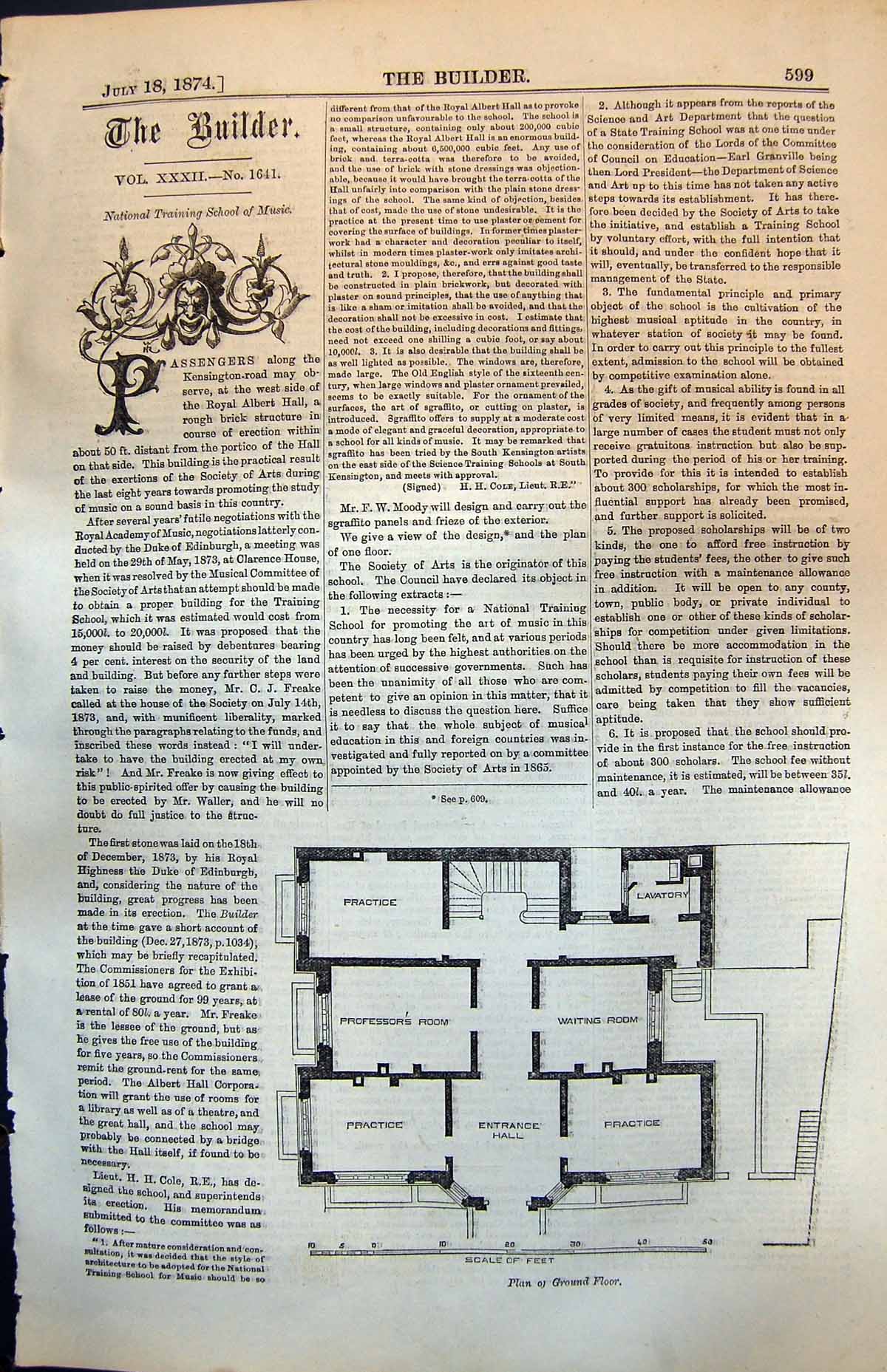 Old Antique Print National Training School Music Plan Ground Floor 1874 19th