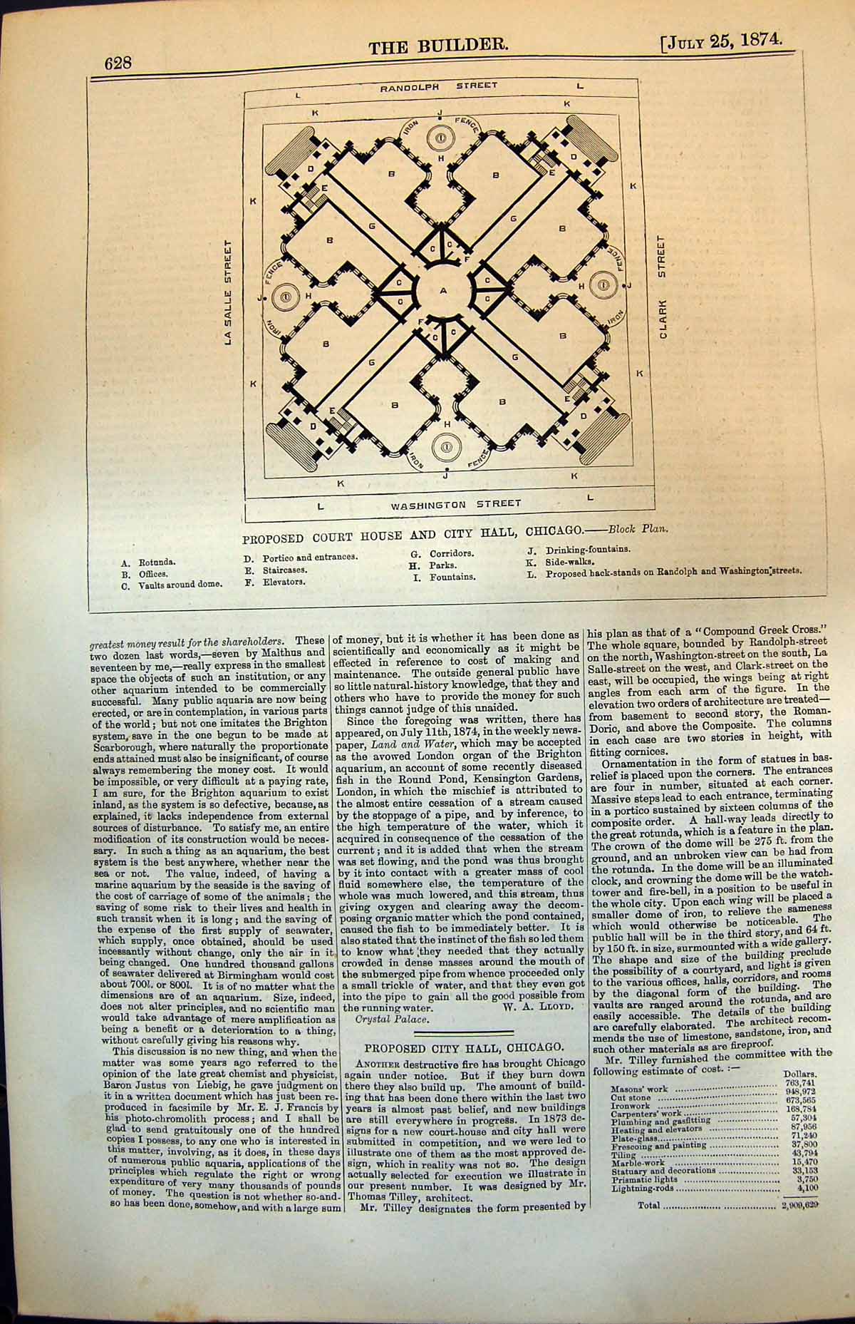 Old Antique Print Proposed Court House City Hall Chicago Block Plan 1874 19th
