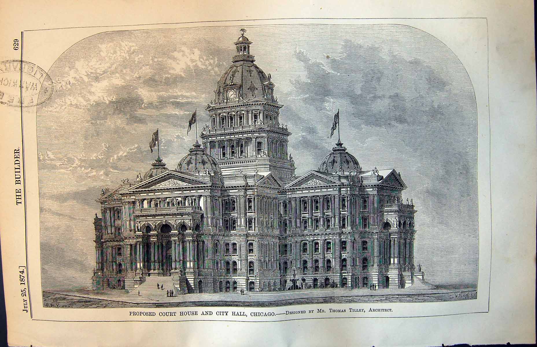 Old Print Poroposed Court House City Hall Chicago Thomas Tilley Arch 1874 19th