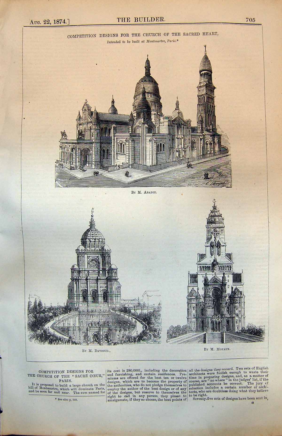 Old Print Competition Designs Church Sacred Heart To Be Built Paris 1874 19th