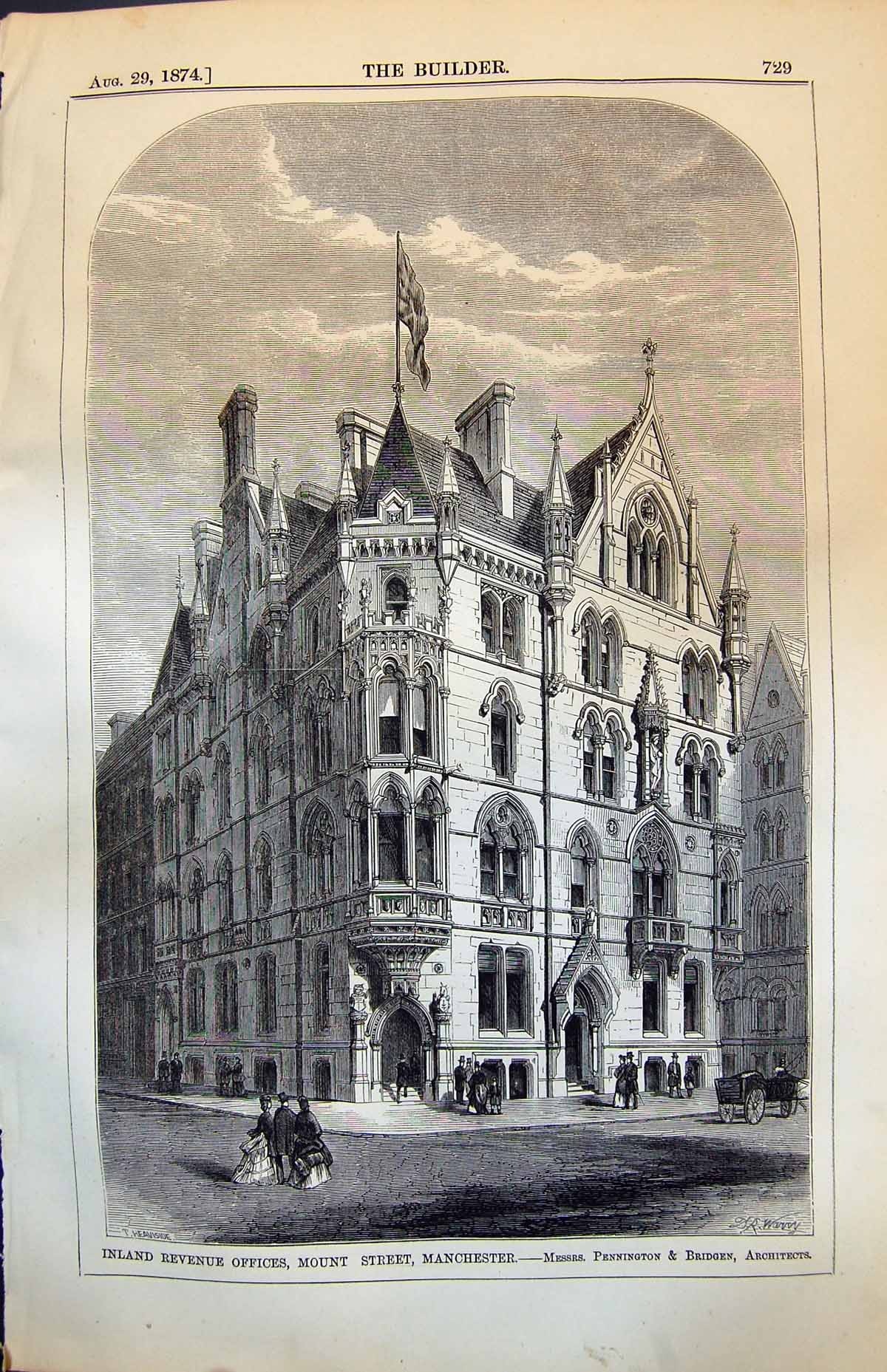 Old Print Inland Revenue Offices Mount Street Manchester Pennington 1874 19th