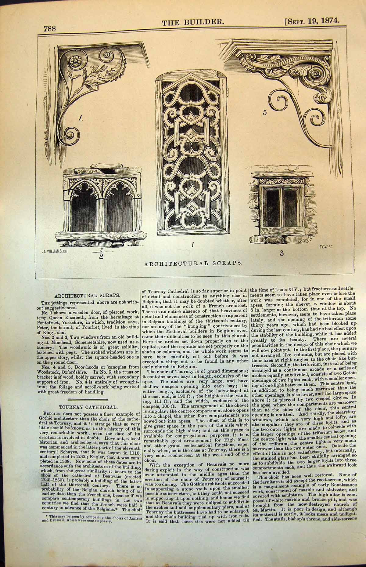 Antique Old Print Architecture Wooden Door Pontefract Windows Minehead 1874