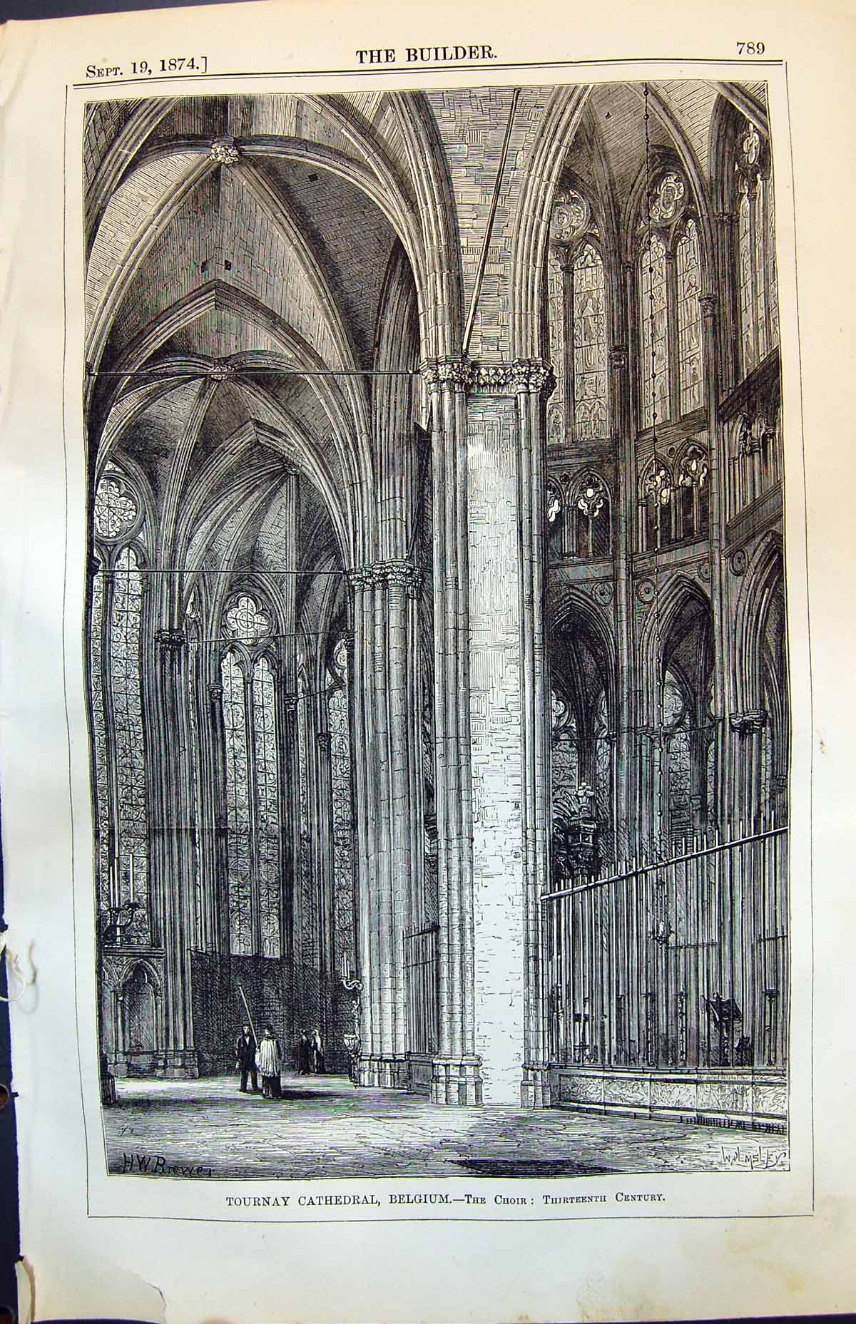 Old Antique Print Tournay Cathedral Belgium Choir Thirteenth Century 1874 19th