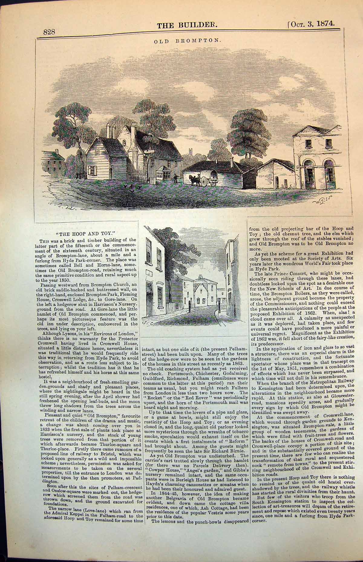 Original Old Antique Print Brompton Hoop Toy Timber Building 15Th Century 1874