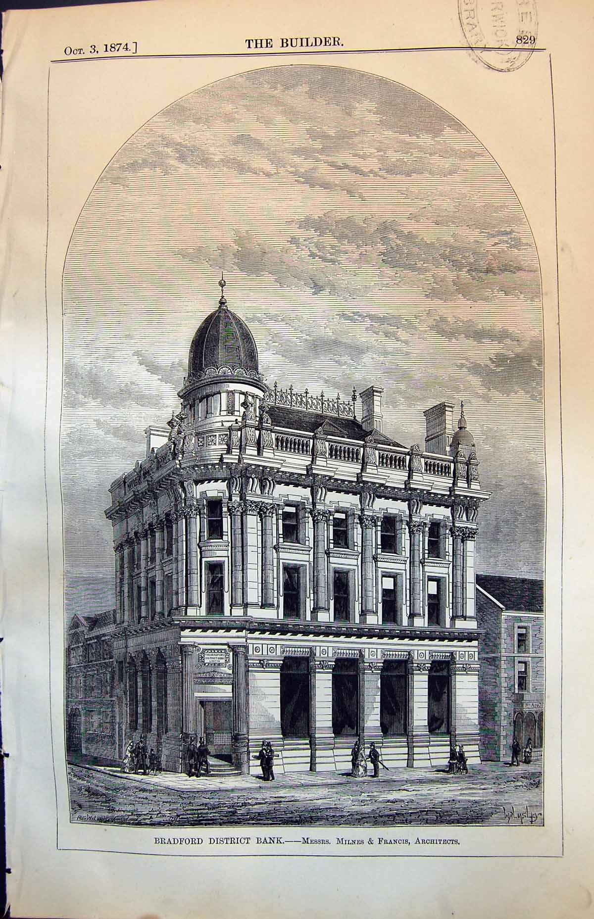 Old Antique Print Bradford District Bank Milnes & Francis Architects 1874 19th
