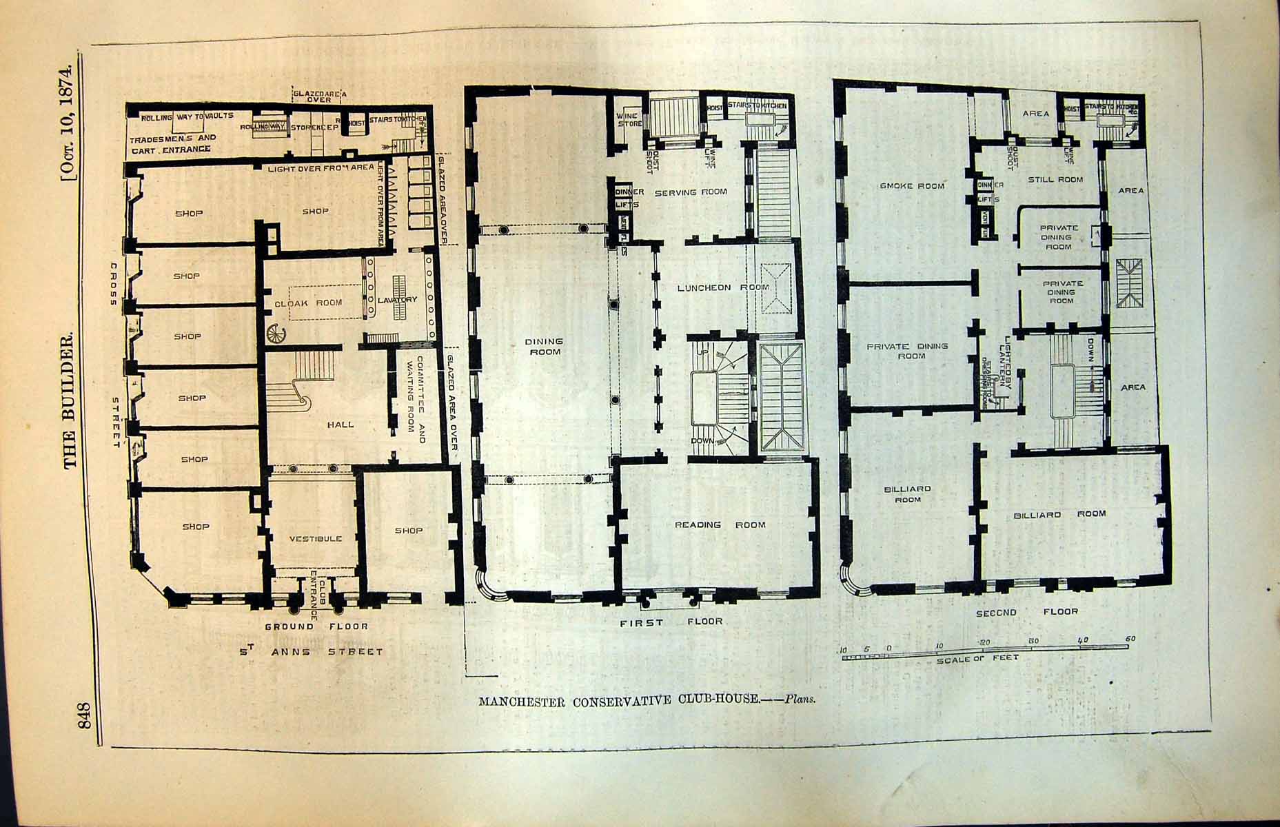 Antique Print Manchester Conservative Club House Plans St Anns Street 1874 19th