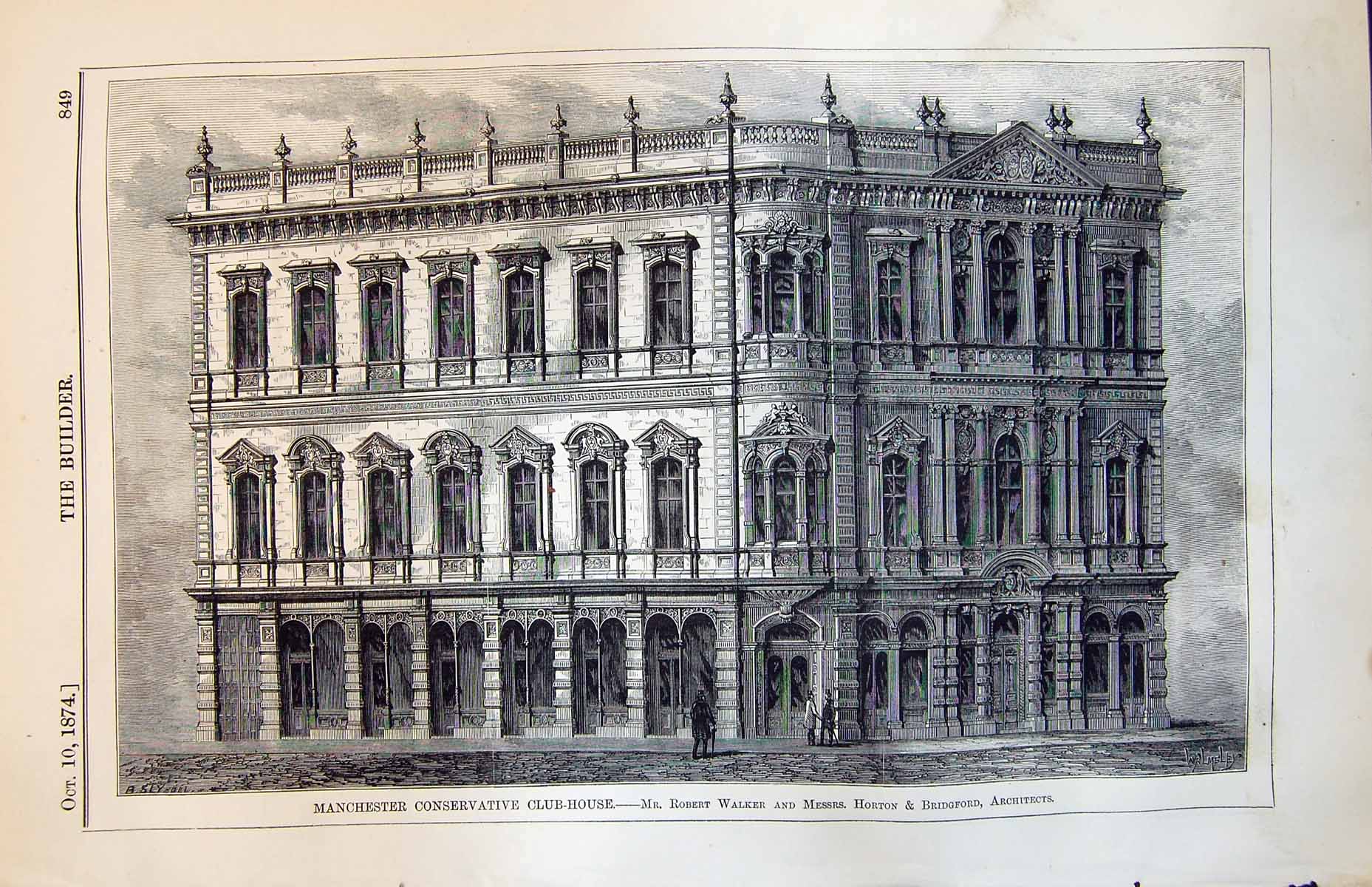 Old Print Manchester Conservative Club House Walker Horton Bridgford 1874 19th