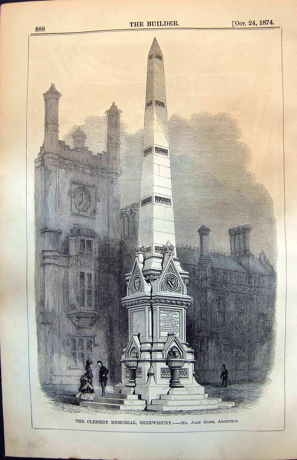 Antique Old Print Clement Memorial Shrewsbury Mr John Gibbs Architect 1874 19th