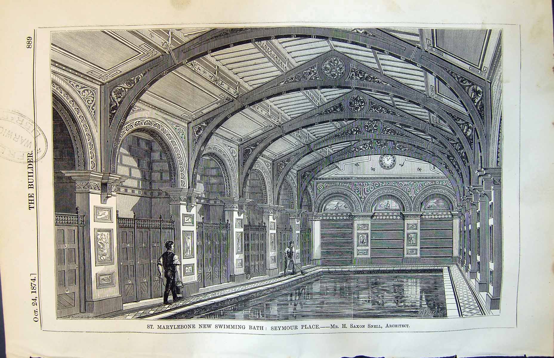 Old Print St Marylebone New Swimming Bath Seymour Place H Snell Arch 1874 19th
