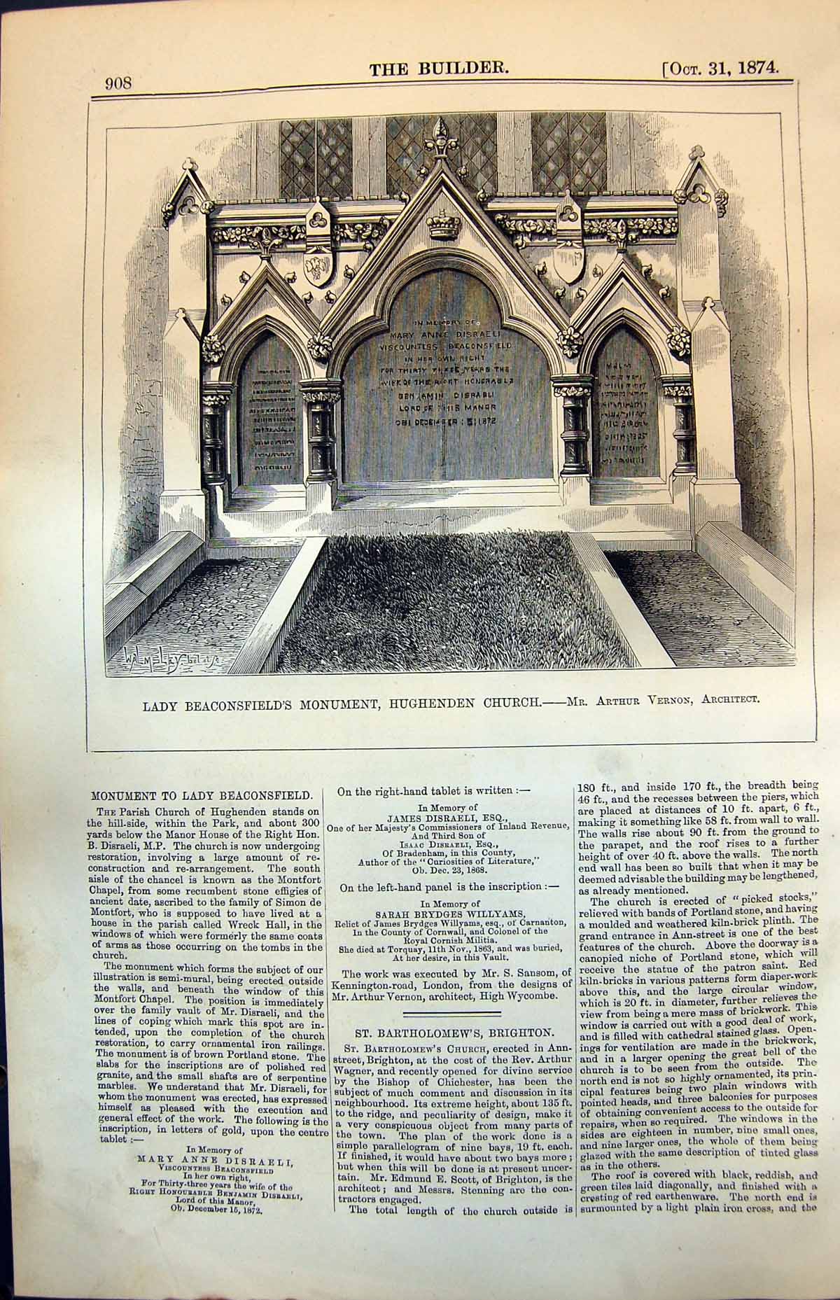 Old Print Lady Beaconsfields Monument Hughenden Church A Vernon Arch 1874 19th