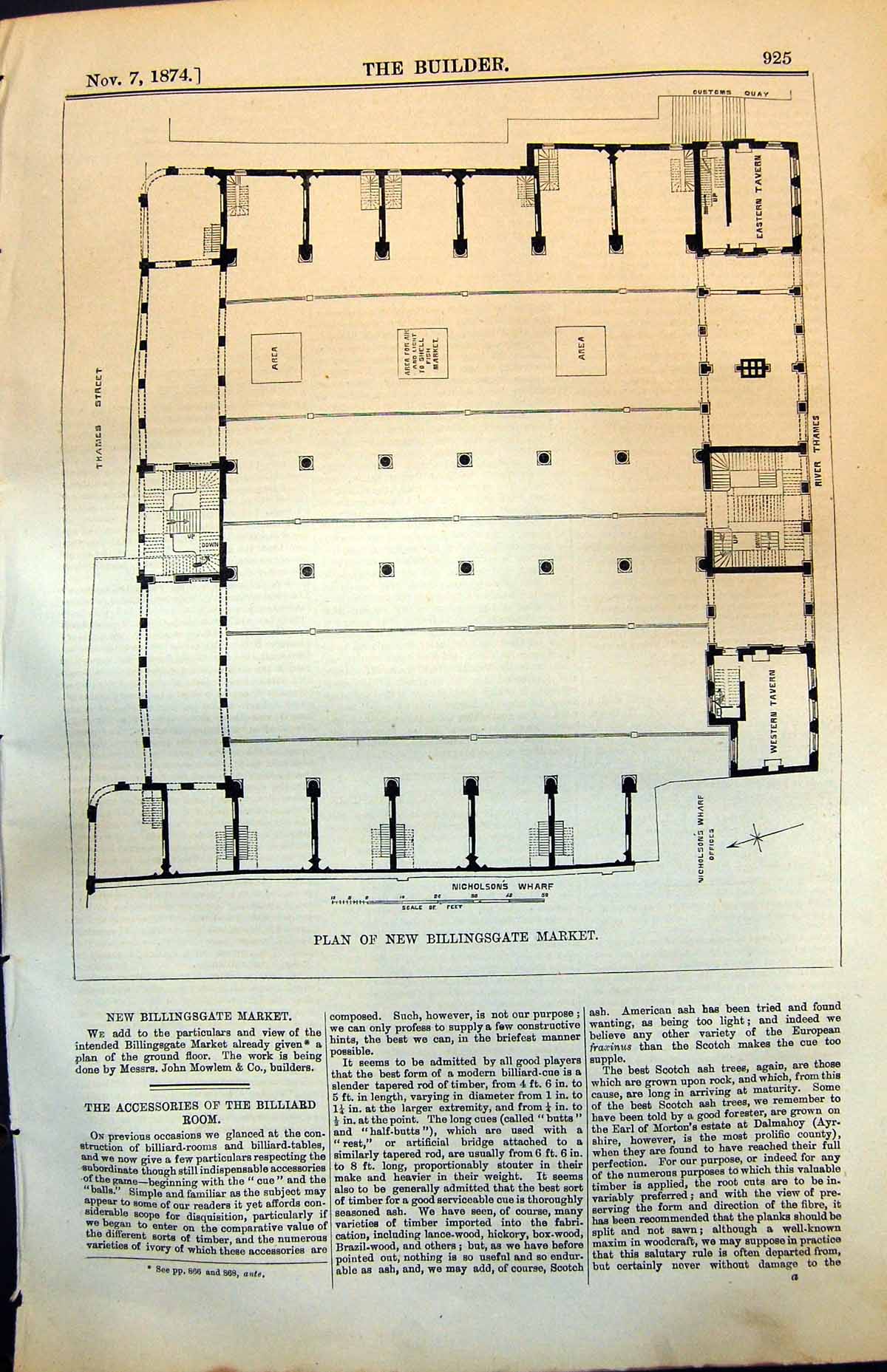 Original Old Antique Print Plan New Billingsgate Market Nicholsons Wharf 1874
