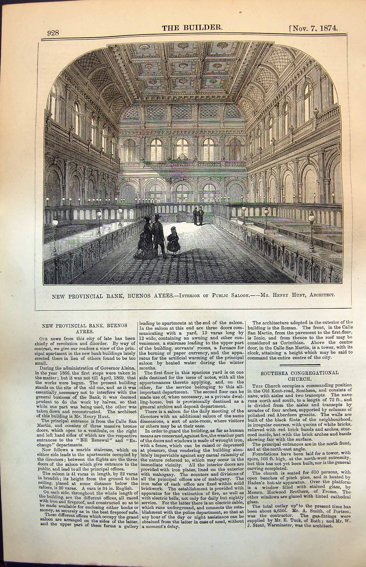 Old New Provincial Bank Buenos Ayres Interior Public Saloon Hunt 1874 Victorian