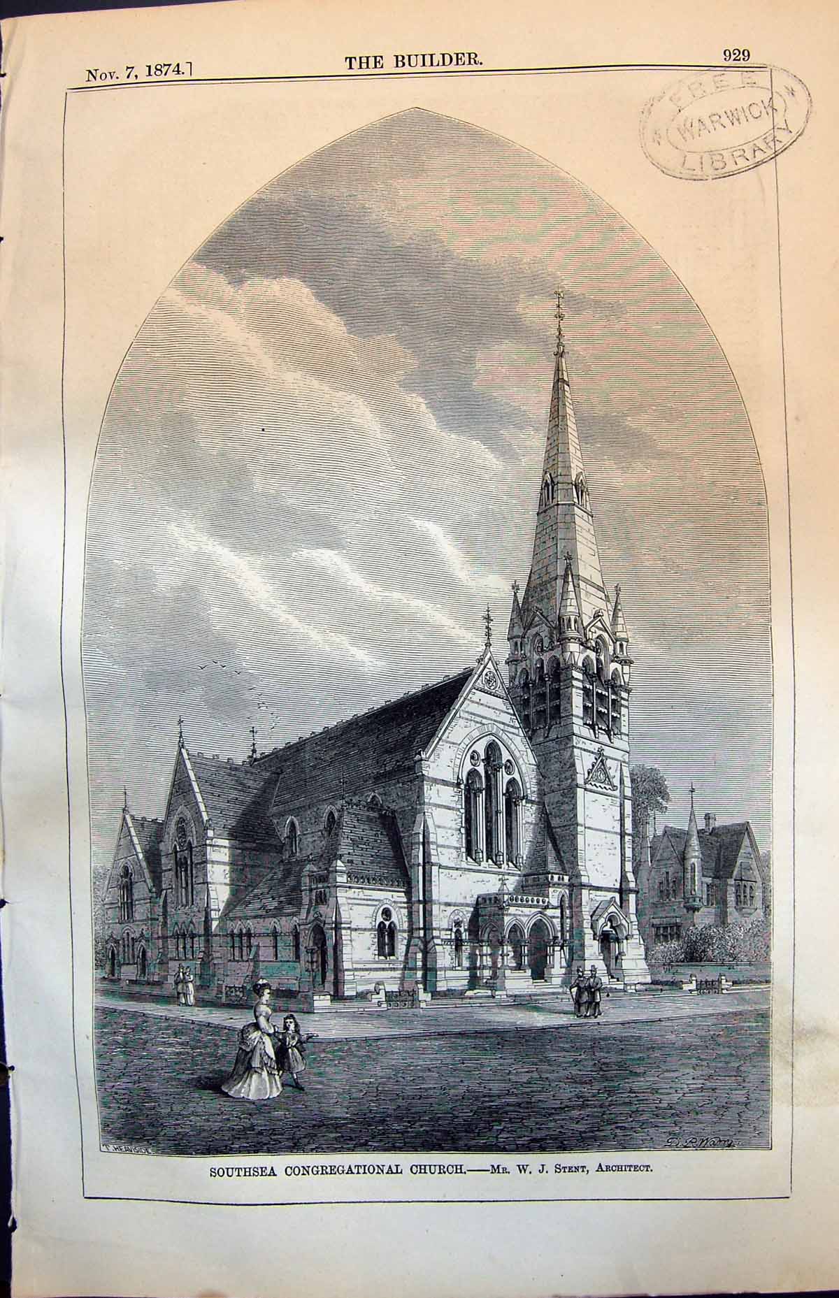 Antique Old Print Southsea Congregational Church Mr W J Stent Architect 1874