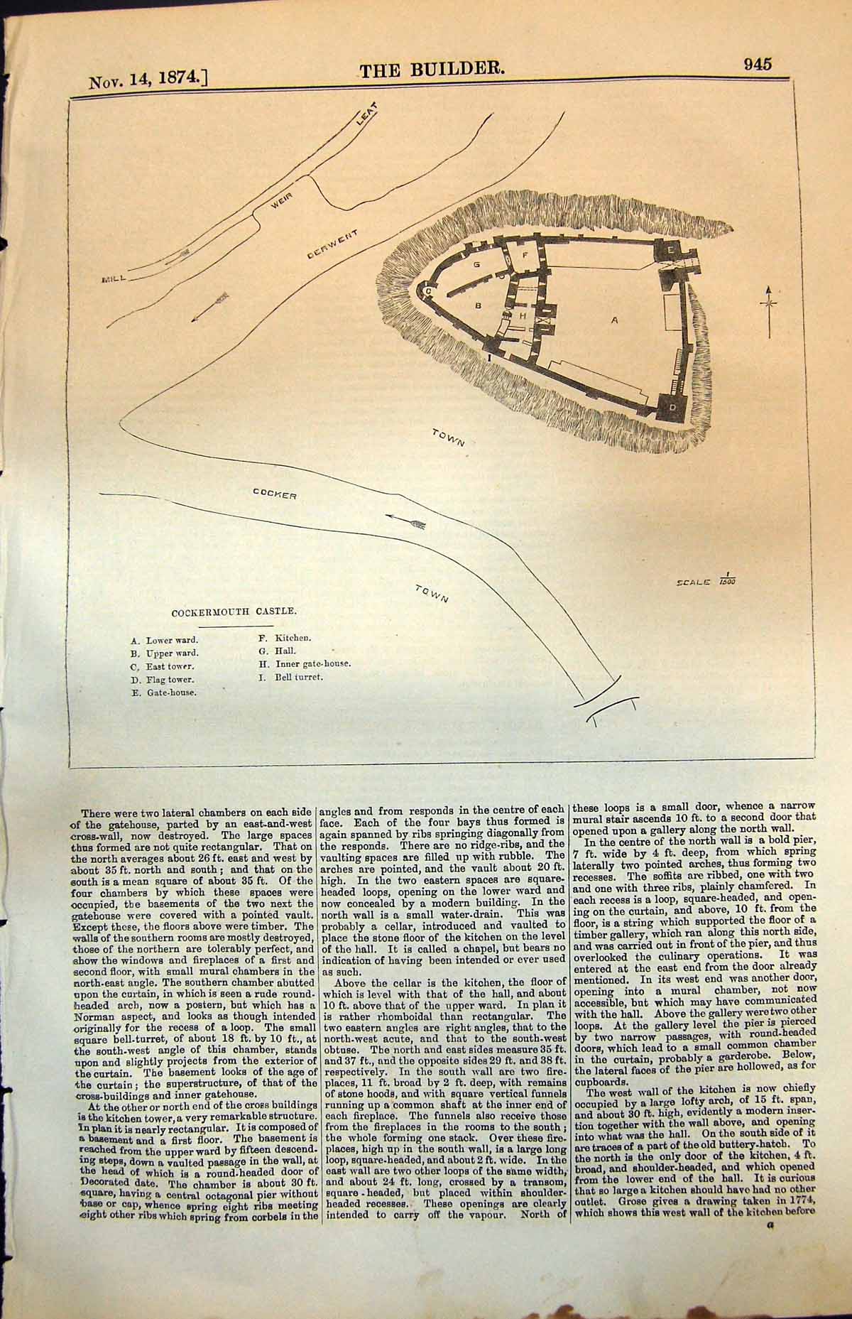 Antique Old Print Plan Cockermouth Castle Tower Bell Turret Gate House 1874