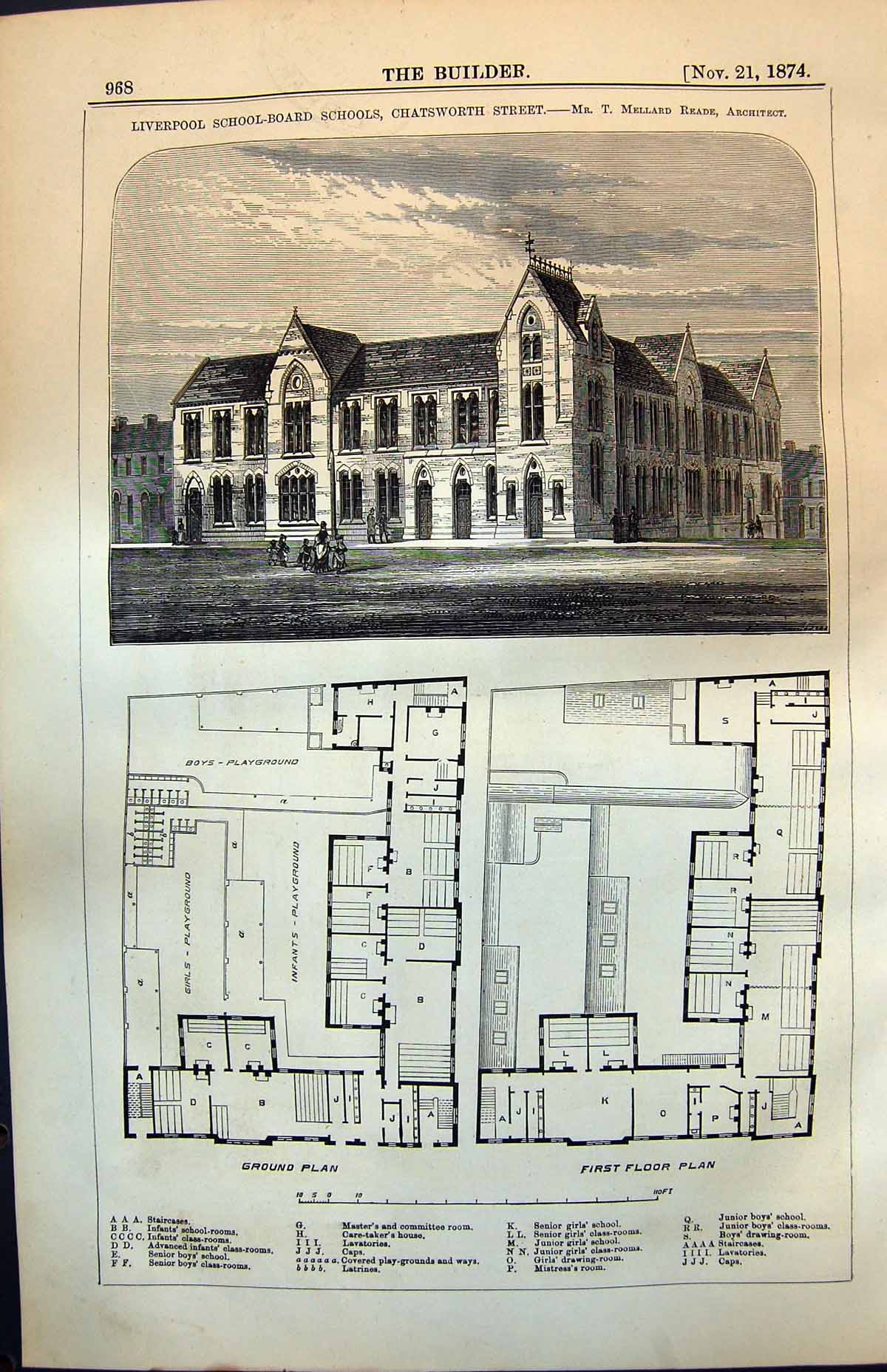 Old Print Liverpool School Board Schools Chatsworth St T Reade Arch 1874 19th