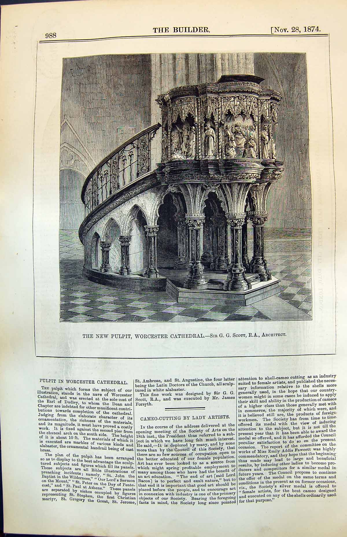 Antique Old Print New Pulpit Worcester Cathedral Sir G G Scott Architect 1874