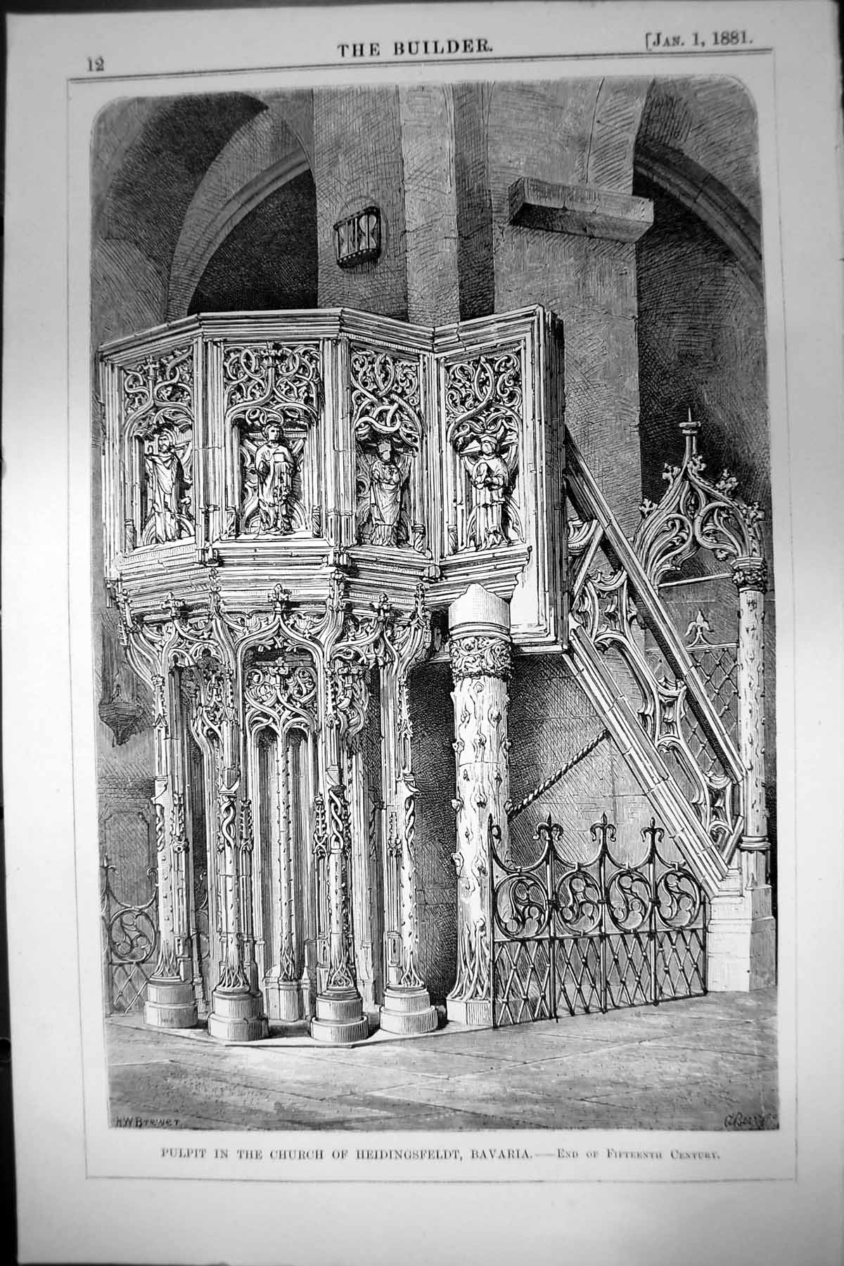 Old Print Pulpit Church Heidingsfeldt Bavaria End Fifteenth Century 1881 19th
