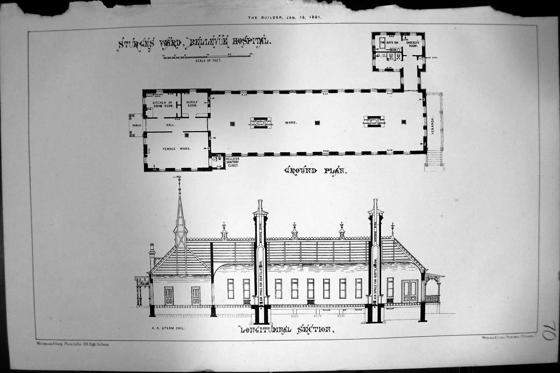 Old Ground Plan Sturges Ward Bellevue Hospital Longitudinal Sect 1881 Victorian
