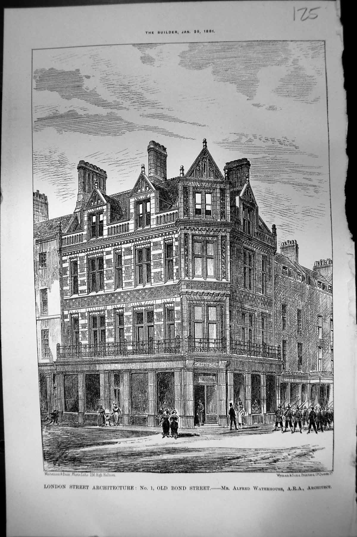 Antique Old Print London Street ArchitectureBond St A Waterhouse Arch 1881