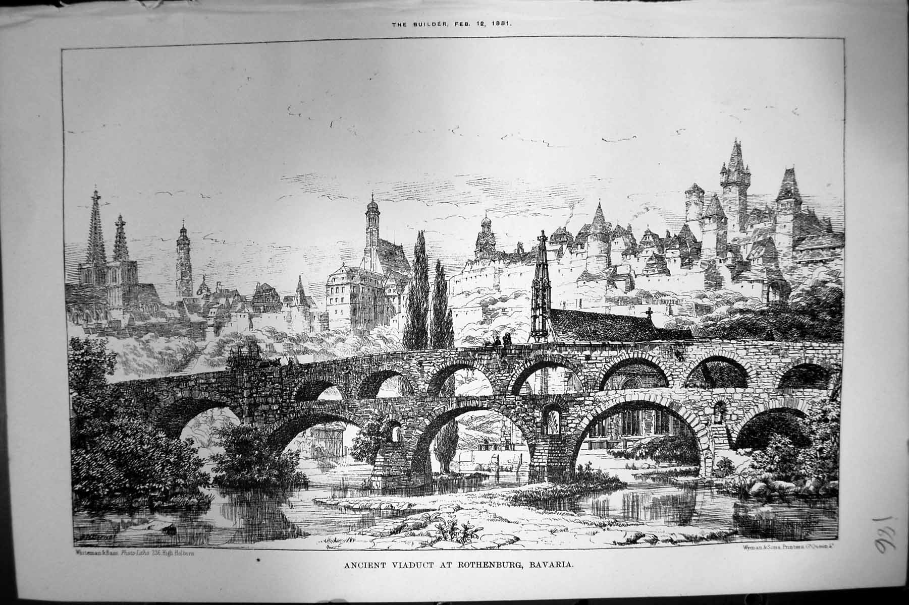 Original Old Antique Print Ancient Viaduct Rothenburg Bavaria 1881 Victorian