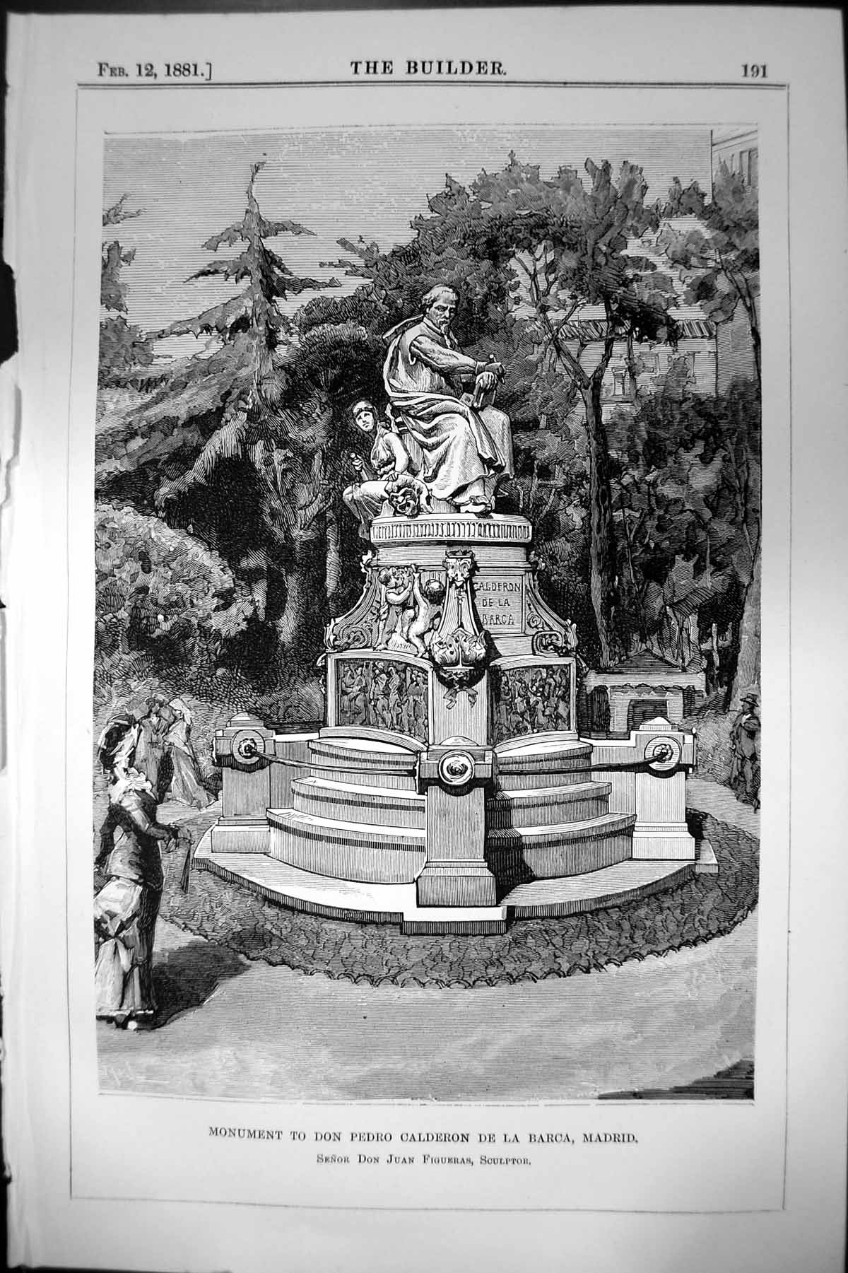 Antique Print Monument Don Pedro Calderon De La Barca Madrid Figueras 1881 19th