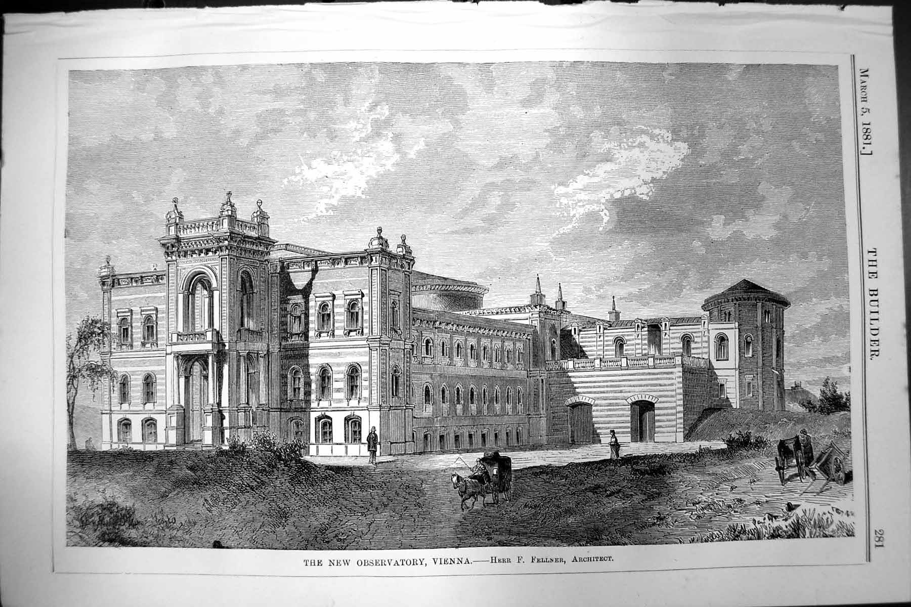 Original Old Antique Print New Observatory Vienna Herr F Fellner Architect 1881