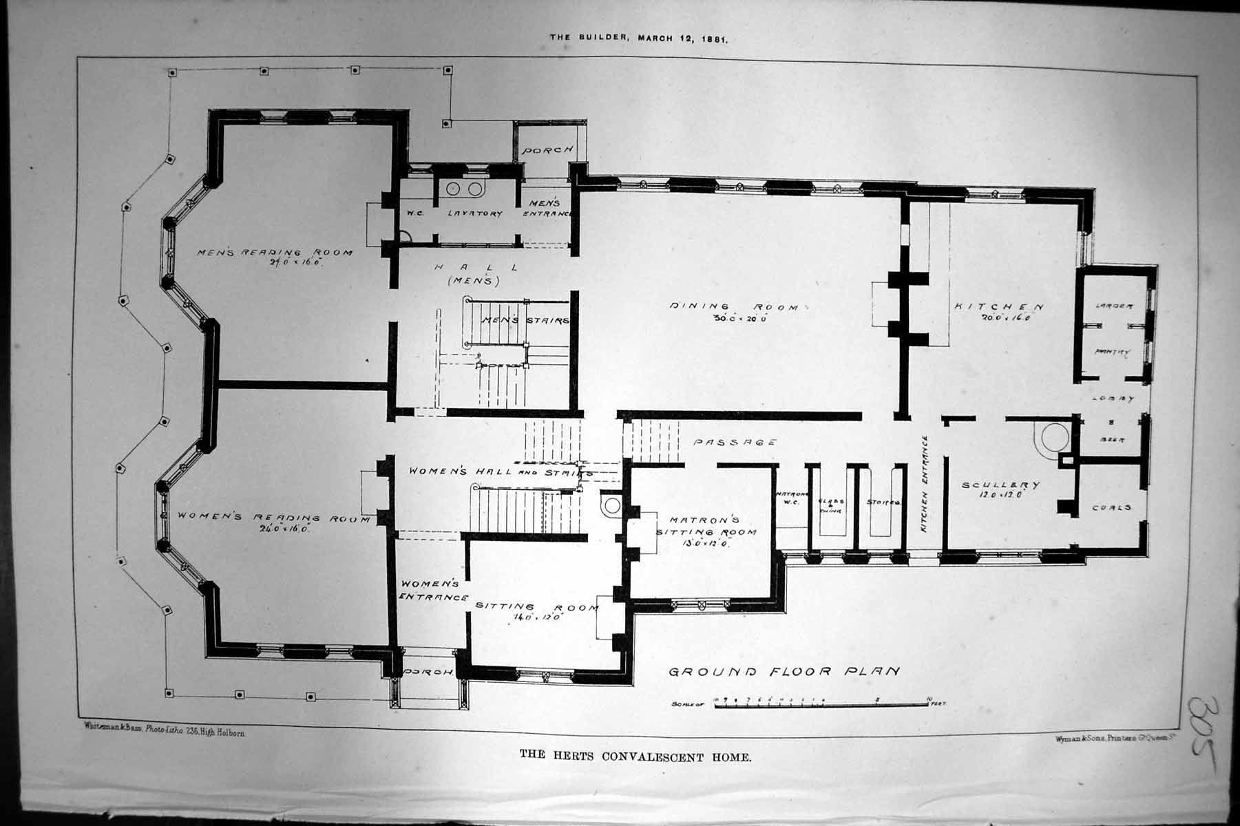 Original Old Antique Print Herts Convalescent Home Ground Floor Plan 1881 19th