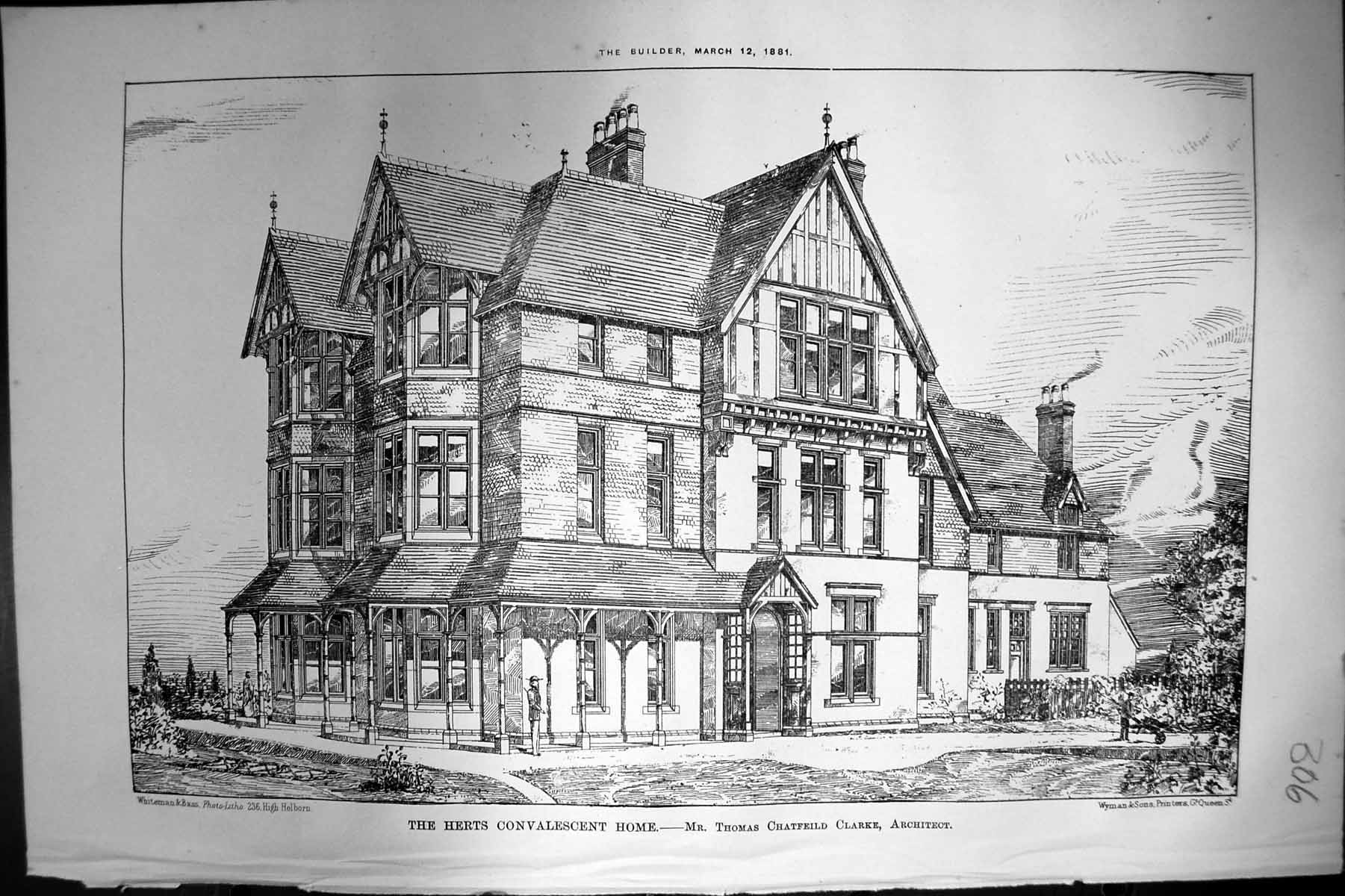 Old Print Herts Convalescent Home Exterior Thomas C Clarke Architect 1881 19th