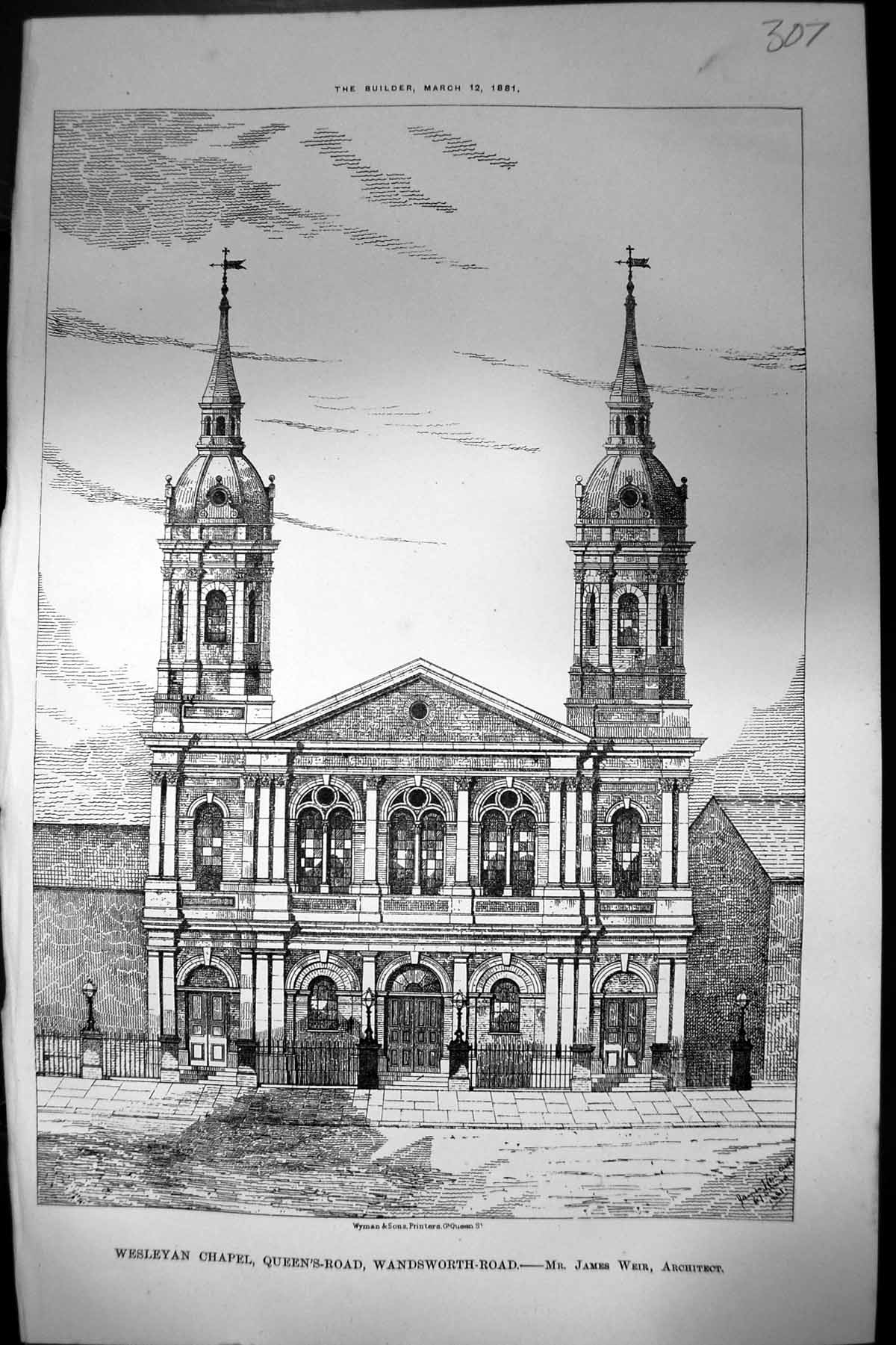 Old Print Wesleyan Chapel Queens Road Wandsworth Road Jas Weir Arch 1881 19th