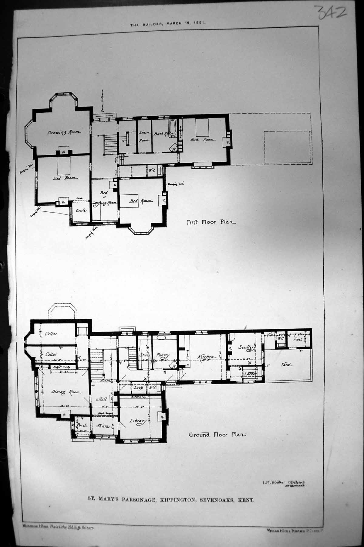 Antique Print St Marys Parsonage Kippington Sevenoaks Kent Floor Plans 1881