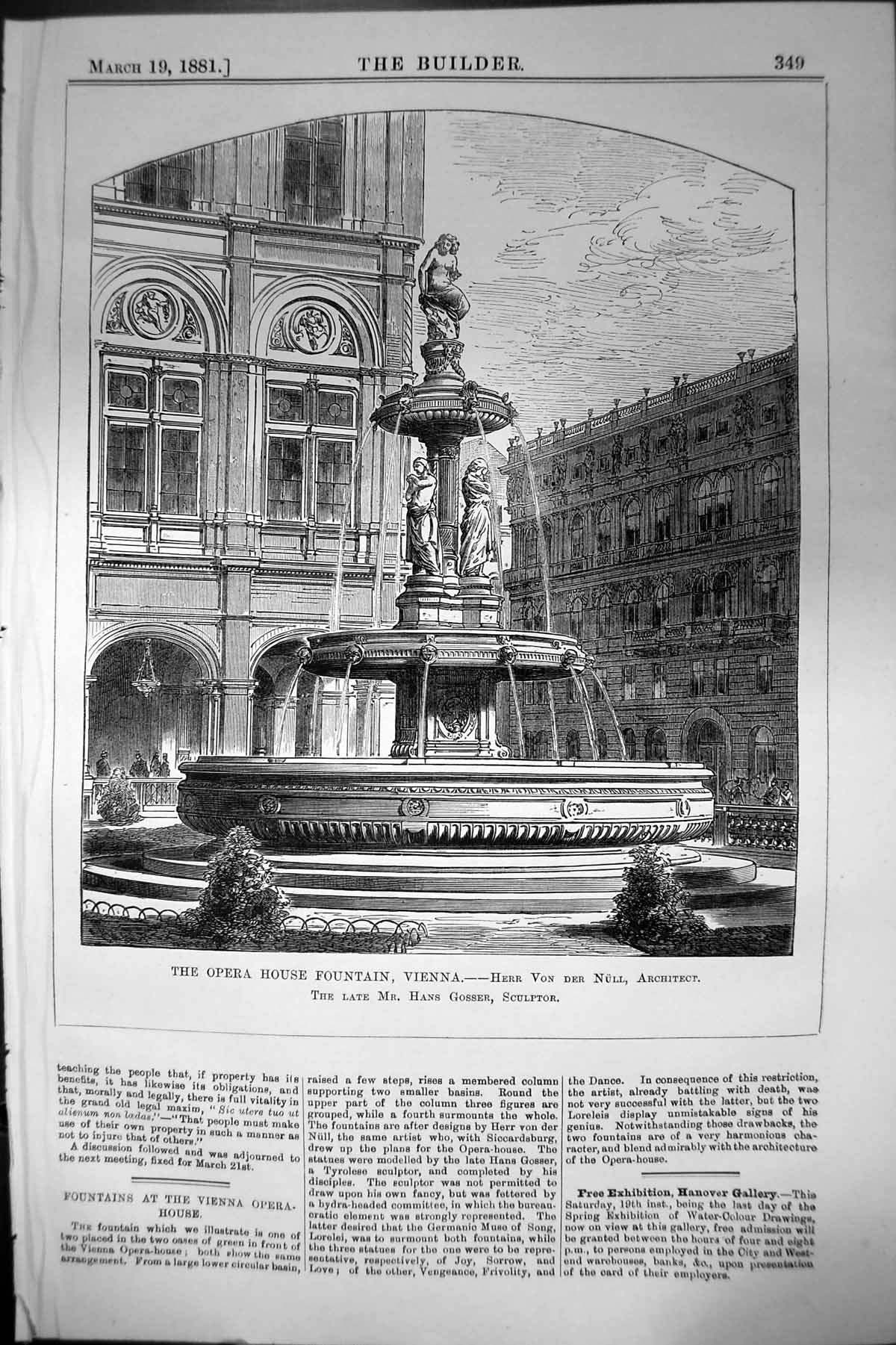 Antique Print Opera House Fountain Vienna Herr Von Der Nuli Architect 1881 19th