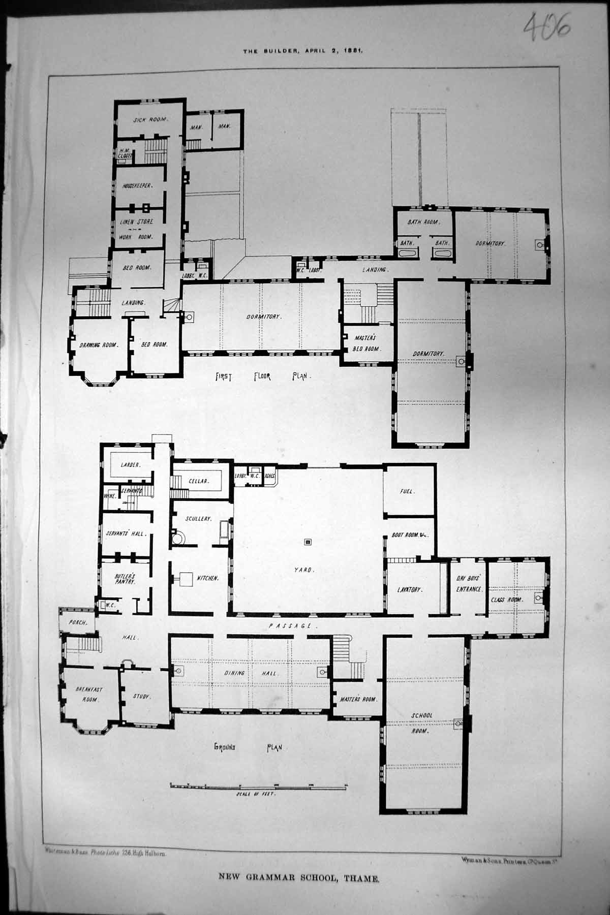 Old Antique Print New Grammar School Thame Ground First Floor Plan 1881 19th