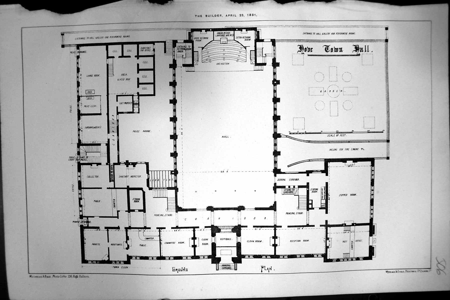 Antique Old Print Hove Town Hall Ground Plan Gallery Performers Rooms 1881 19th
