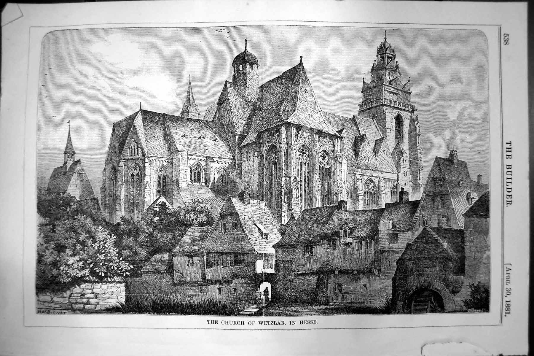 Original Old Antique Print Church Wetzlar In Hesse Exterior H W Brewer 1881