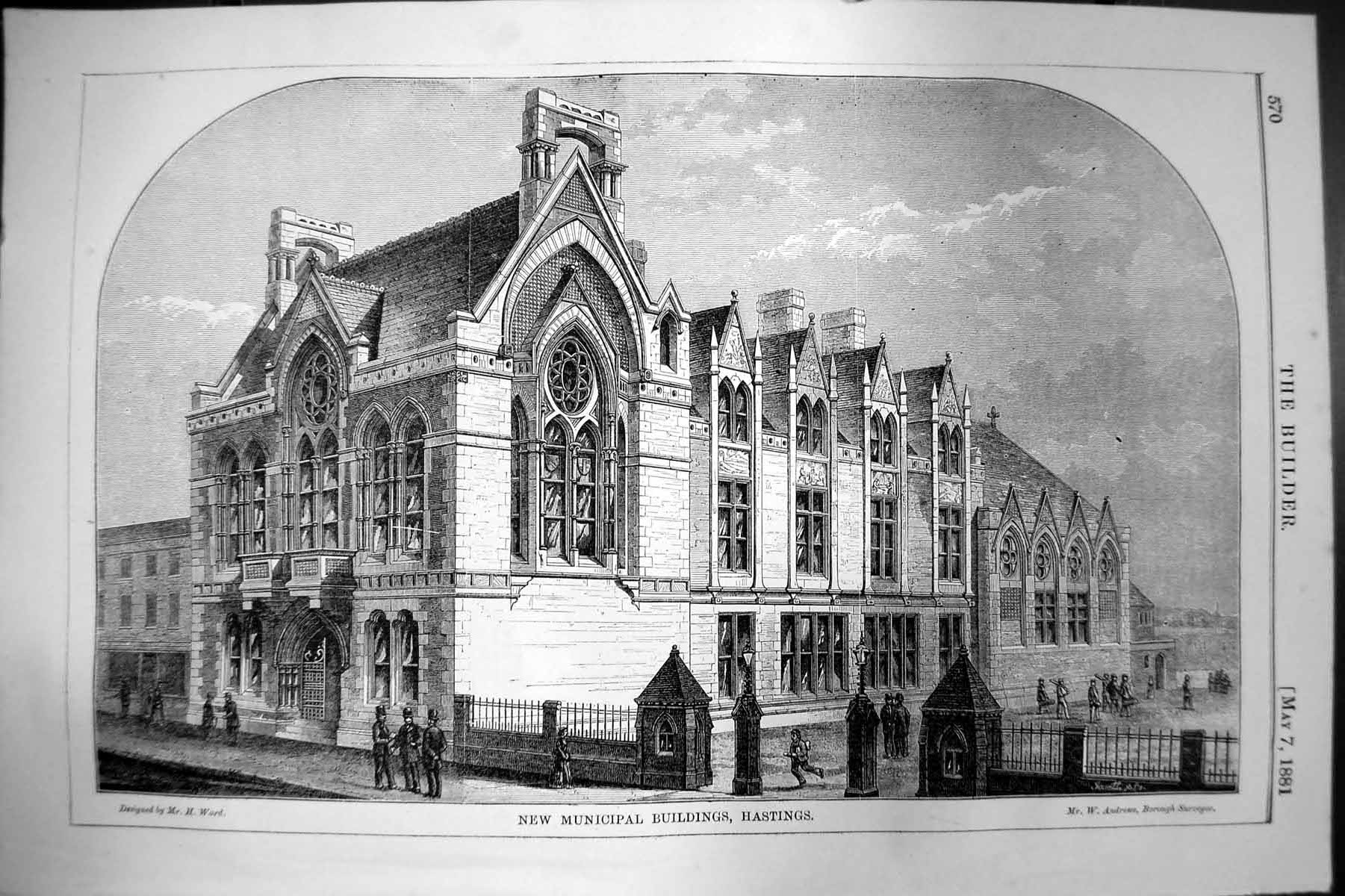 Old Antique Print New Municipal Buildings Hastings Designed H Ward 1881 19th