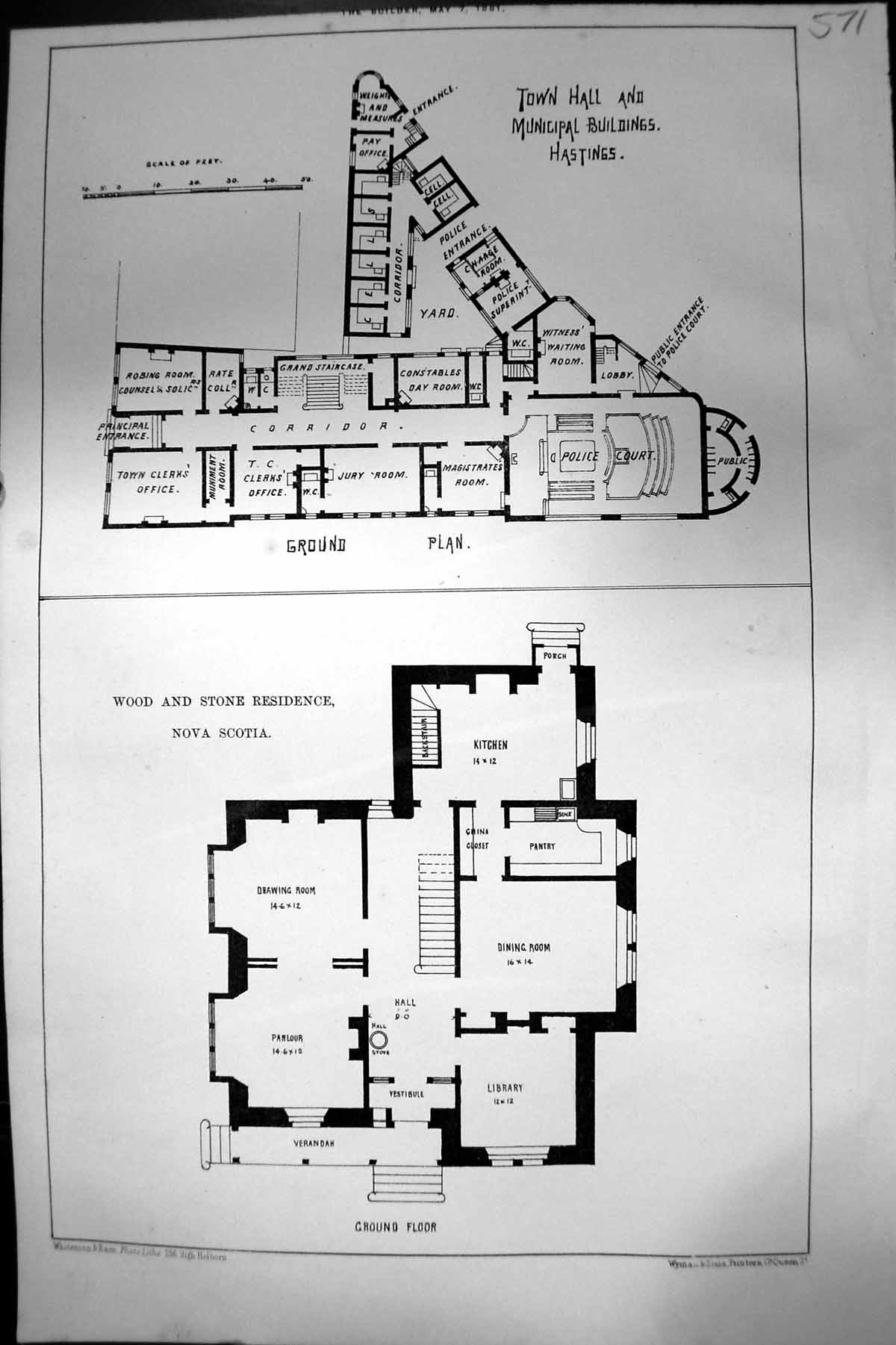 Old Print Plans Wood Stone Residence Nova Scotia Town Hall Hastings 1881 19th