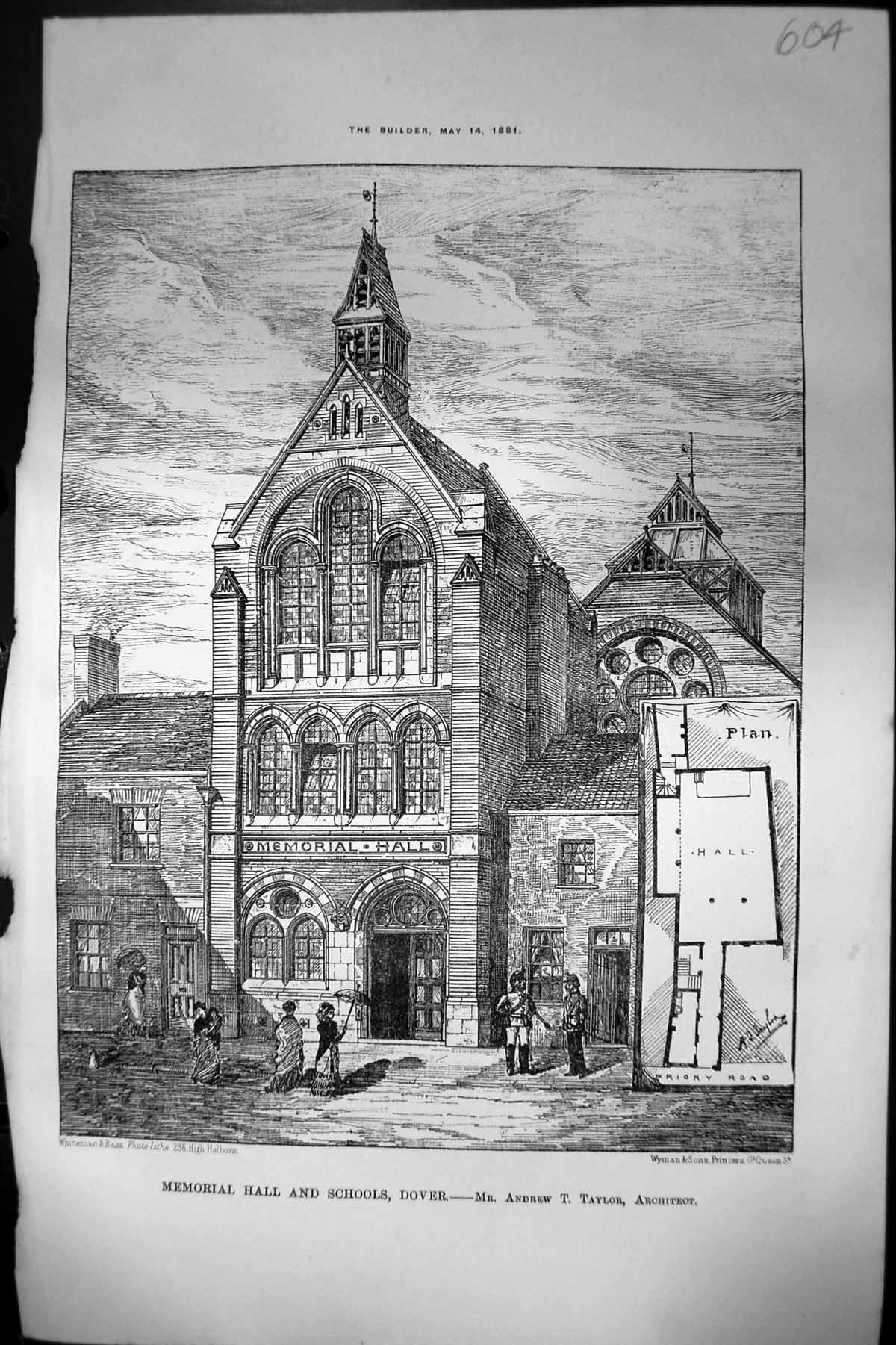 Antique Old Print Memorial Hall Schools Dover Andrew Taylor Architect 1881 19th